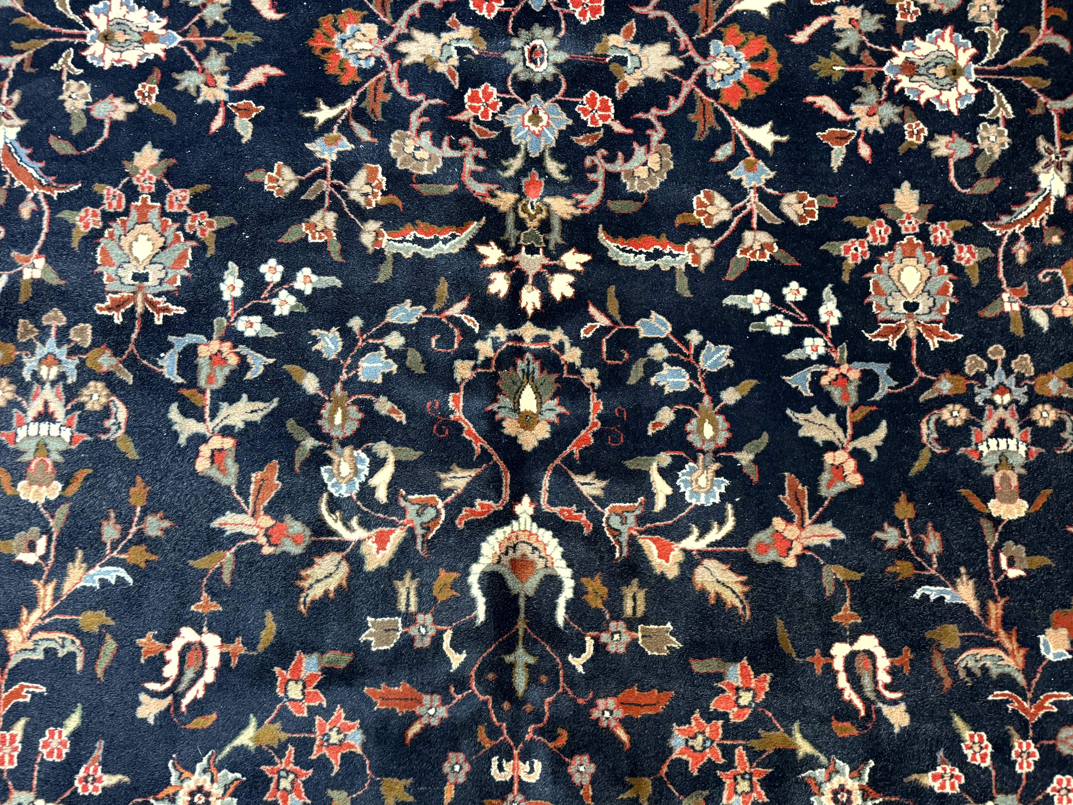 Indo Persian Sarouk Rug 9x12 – Navy and Red, Hand-Knotted Wool Vintage Carpet, Allover Pattern - Jewel Rugs