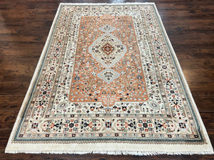 Indo Persian Rug 6x9, Wool Hand Knotted Vintage Carpet, Salmon & Ivory, Traditional Oriental Rug 6 x 9