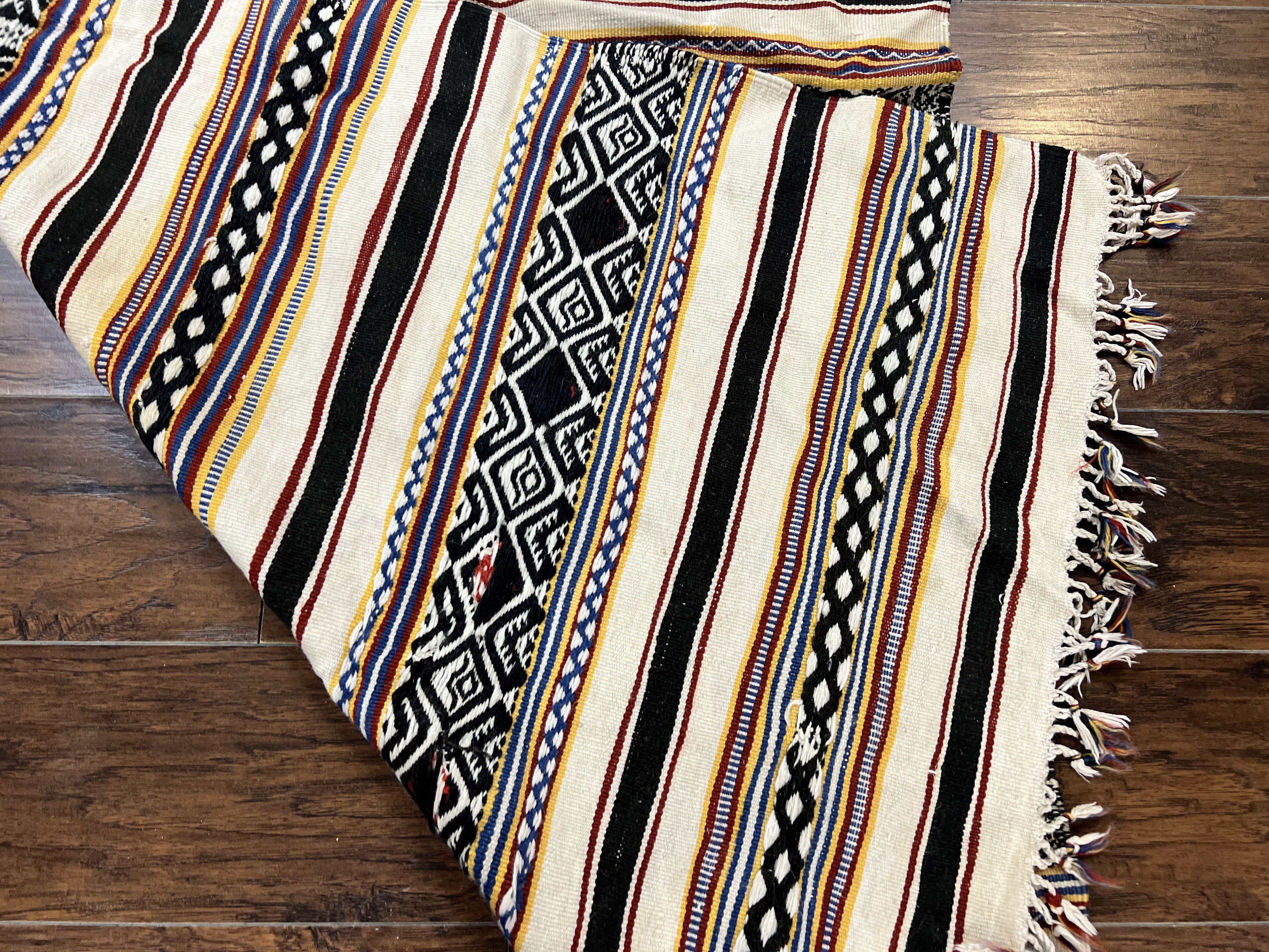 South American Kilim Rug 4x7 ft, Wool Handmade Vintage Carpet, Ivory Black Multicolor Stripes, Bohemian Blanket Rug, Flatweave Area Rug - Jewel Rugs