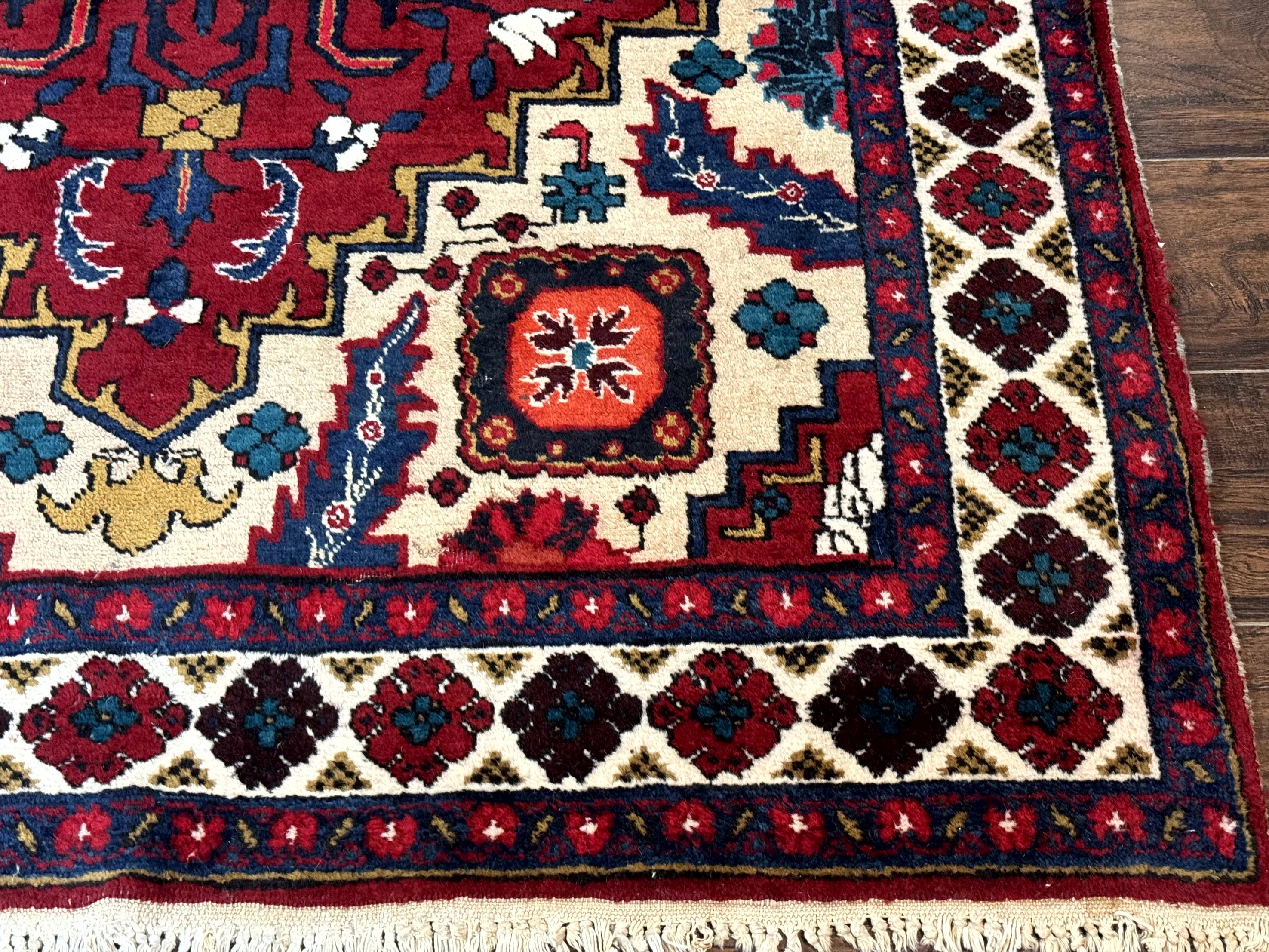 Persian Bakhtiari Rug 4.8 x 11, Wide Tribal Runner, Red Ivory and Blue, Vibrant Colors, Antique, Wool, Rare - Jewel Rugs