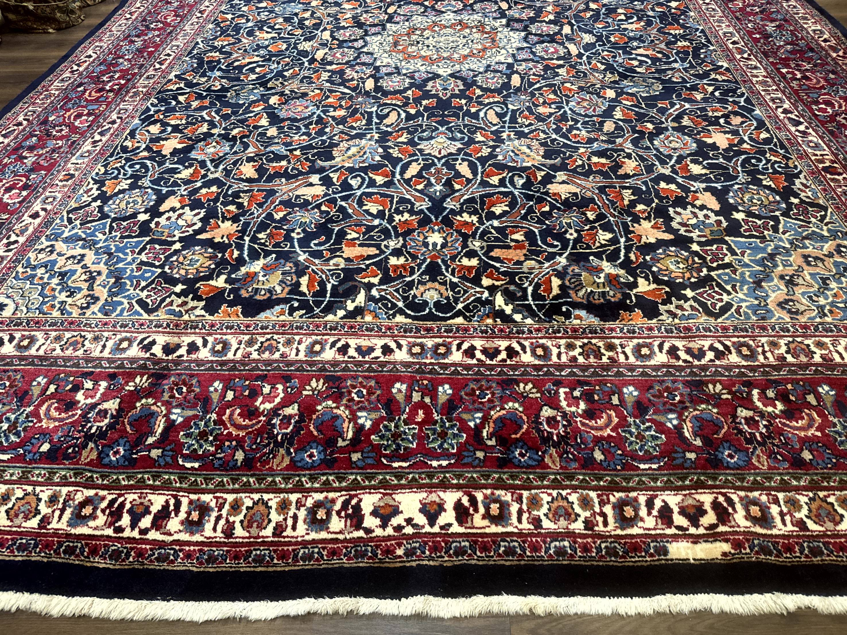 Palace Size Persian Mashad Rug 11x16, Navy Blue and Red, Floral Medallion - Jewel Rugs