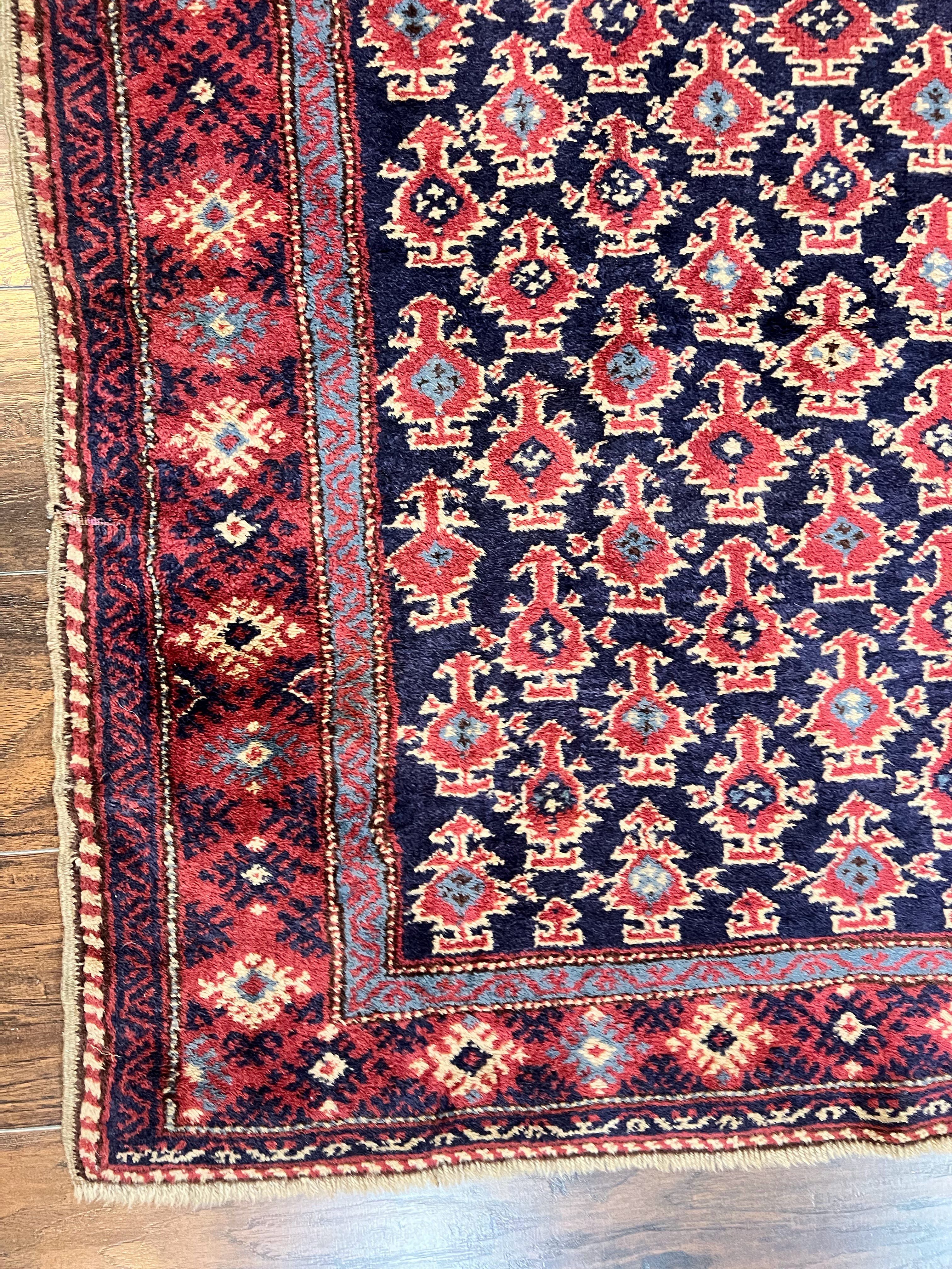 Turkish Sparta Rug 3x4, Allover Pattern, Navy Blue and Red, Antique Ispara Oriental Carpet 3 x 4, Small Turkish Handmade Vintage Wool Rug - Jewel Rugs