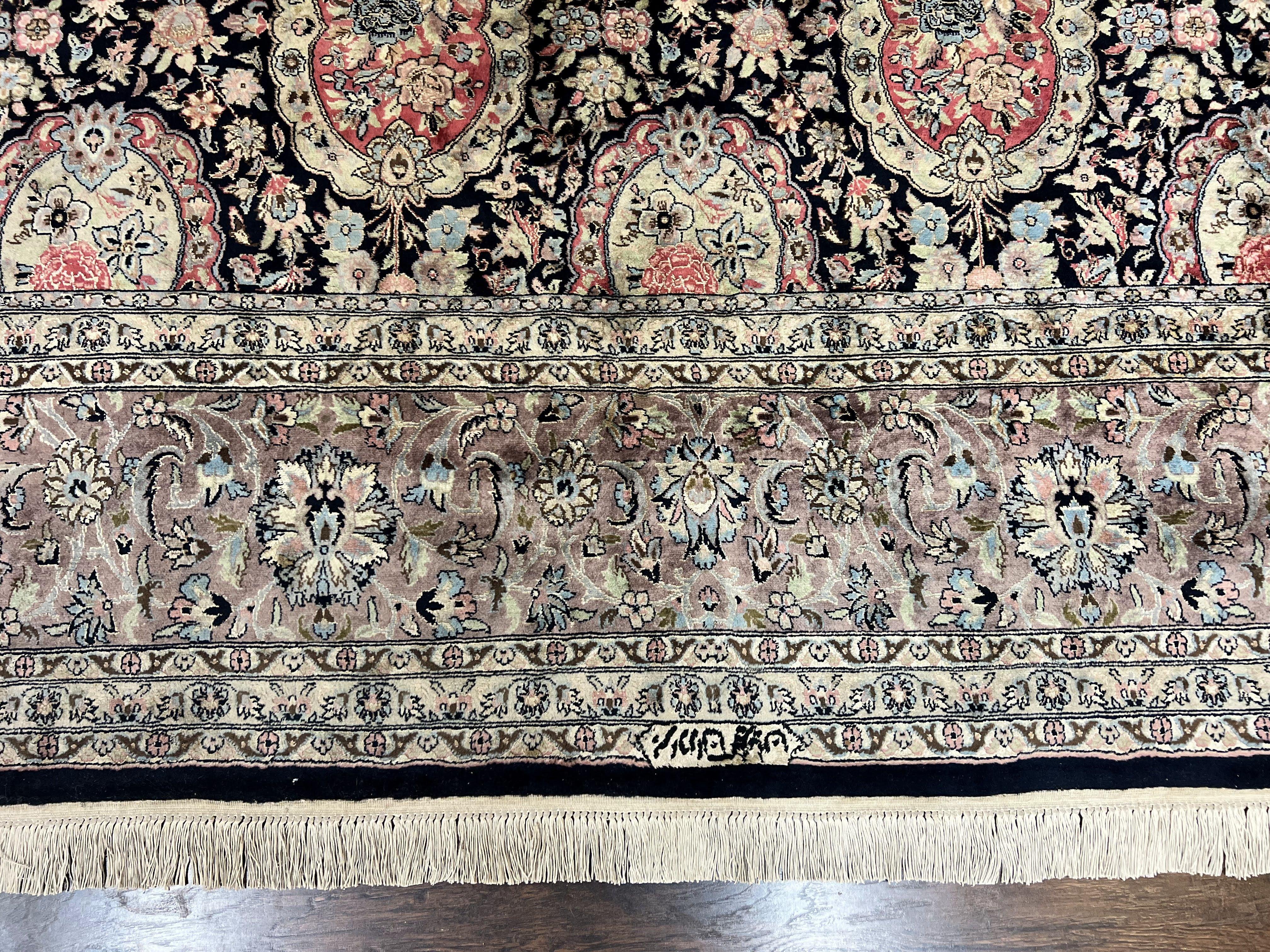 Sino Persian Rug 9x12, Navy Blue and Pink Hand Knotted Wool and Silk Highlights Vintage Oriental Carpet, Handmade Floral Area Rug 9 x 12 ft - Jewel Rugs