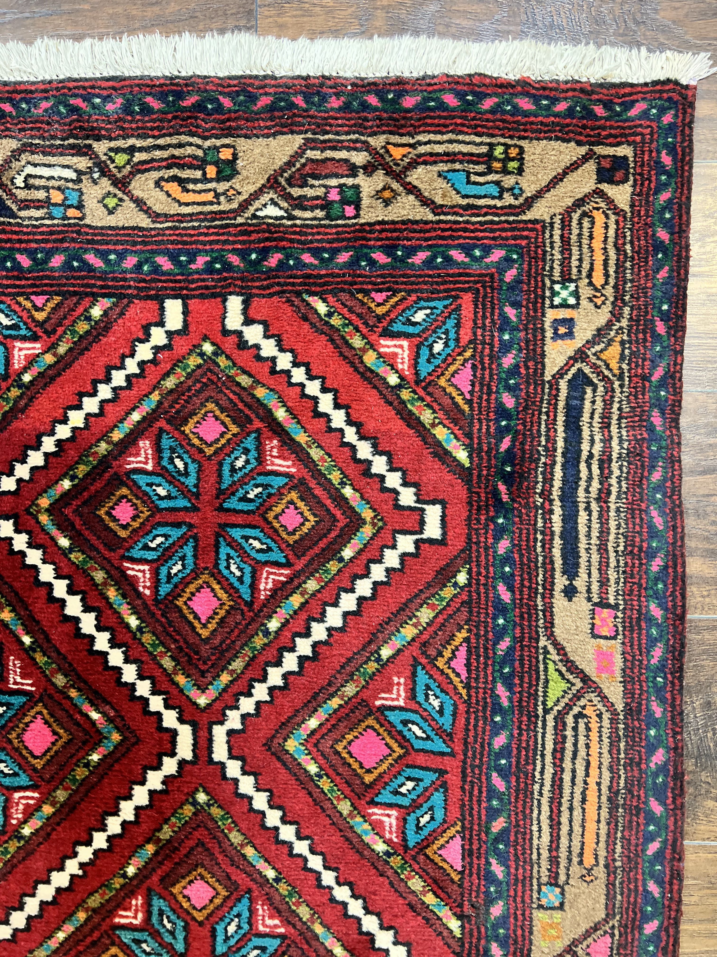 Persian Tribal Runner Rug 3x10, Red Camel Hair Navy Blue, Handmade Hand Knotted 10ft Wool Oriental Vintage Runner for Kitchen or Hallway, Persian Lilihan Hamadan Runner - Jewel Rugs