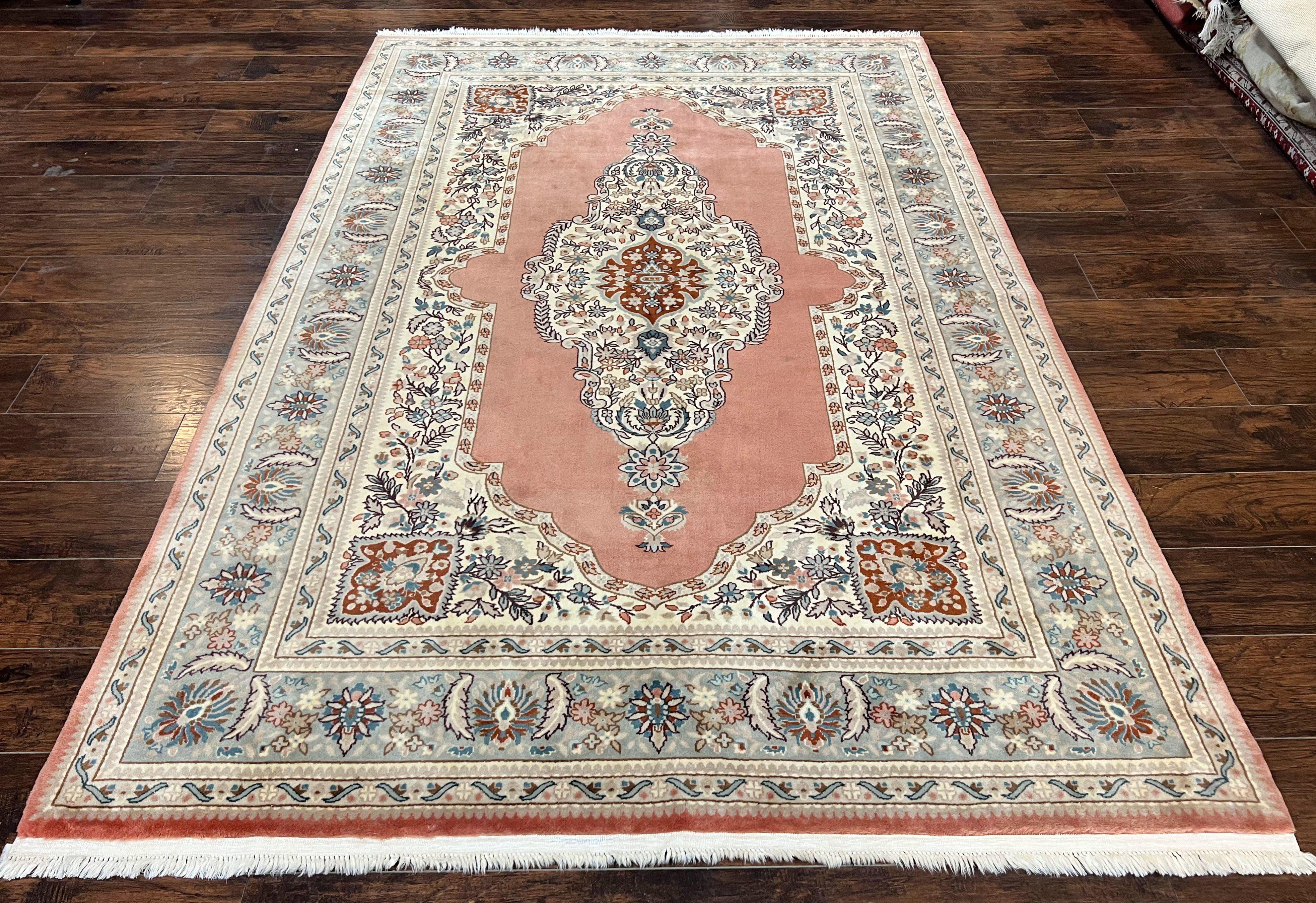 Indo Persian Rug 6x9, Semi Open Field Medallion Rug, Vintage Hand Knotted Wool Oriental Carpet, Traditional Rug, Light Pink, Medium Size - Jewel Rugs