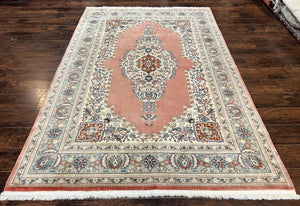 Indo Persian Rug 6x9, Semi Open Field Medallion Rug, Vintage Hand Knotted Wool Oriental Carpet, Traditional Rug, Light Pink, Medium Size