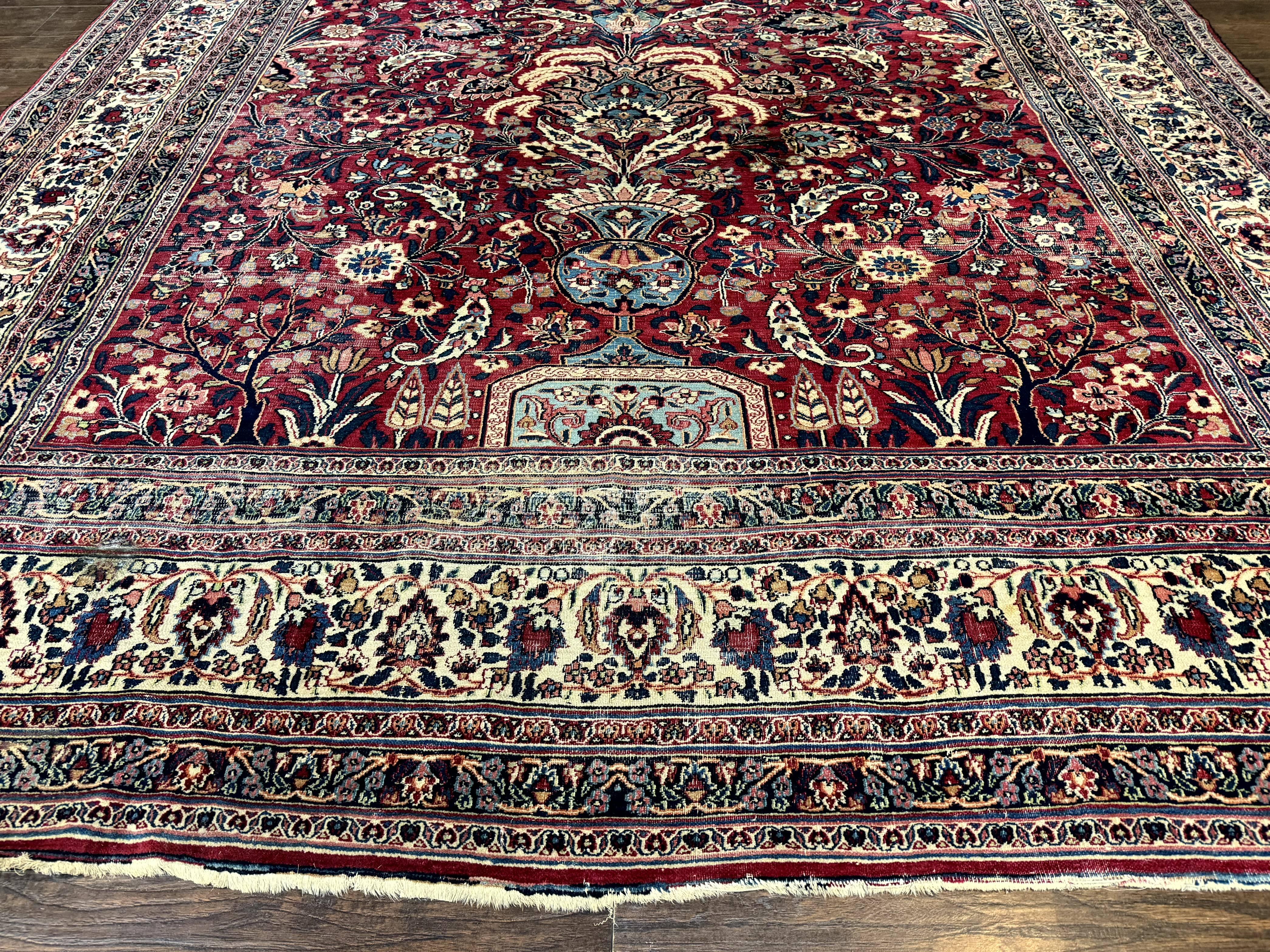 Antique Persian Mashad Rug 10x12, Red and Ivory, Signed by Master Weaver - Jewel Rugs