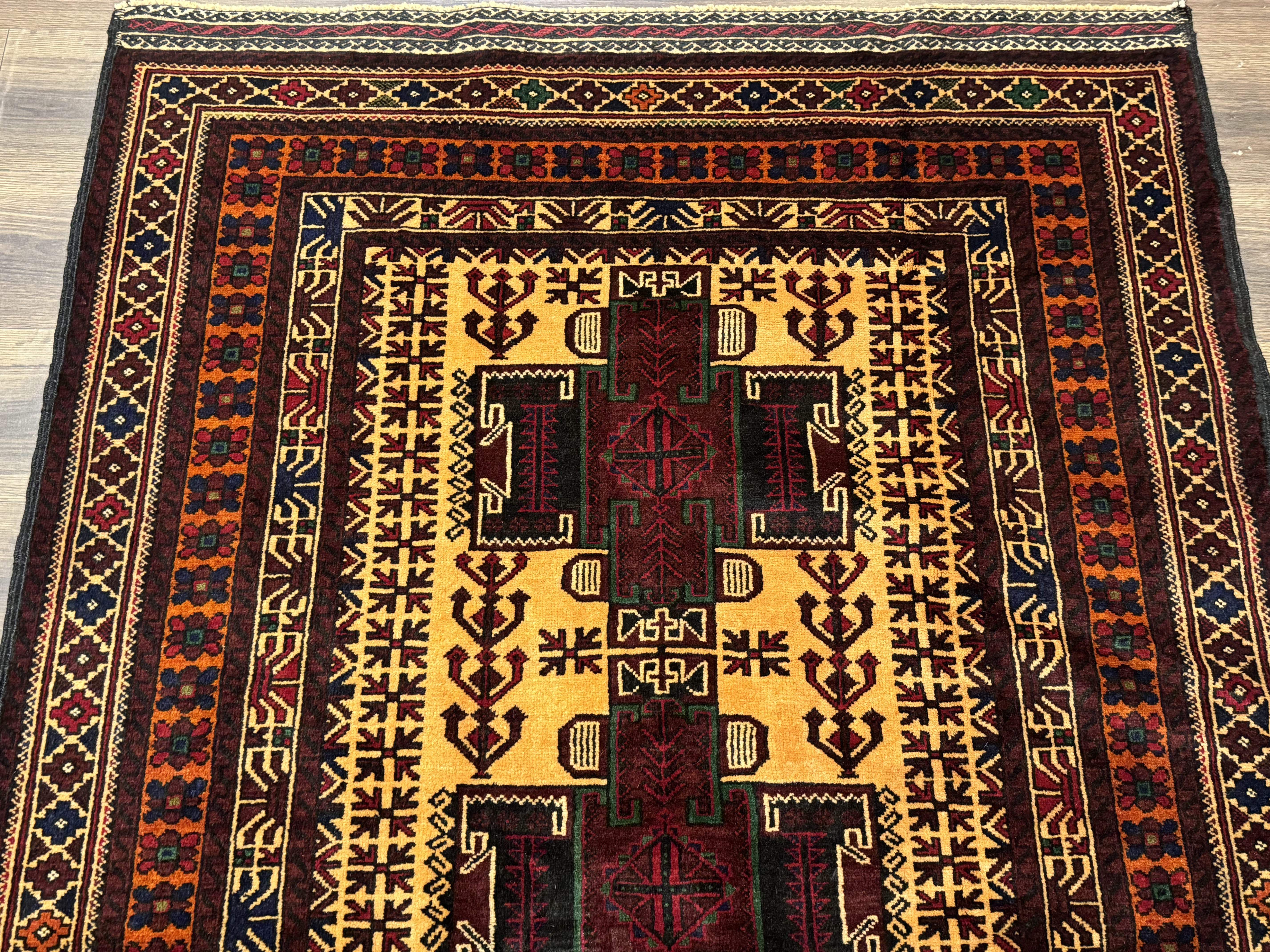 Persian Baluch Rug 4x7 – Golden Yellow and Burgundy, Hand-Knotted Wool Tribal Carpet - Jewel Rugs