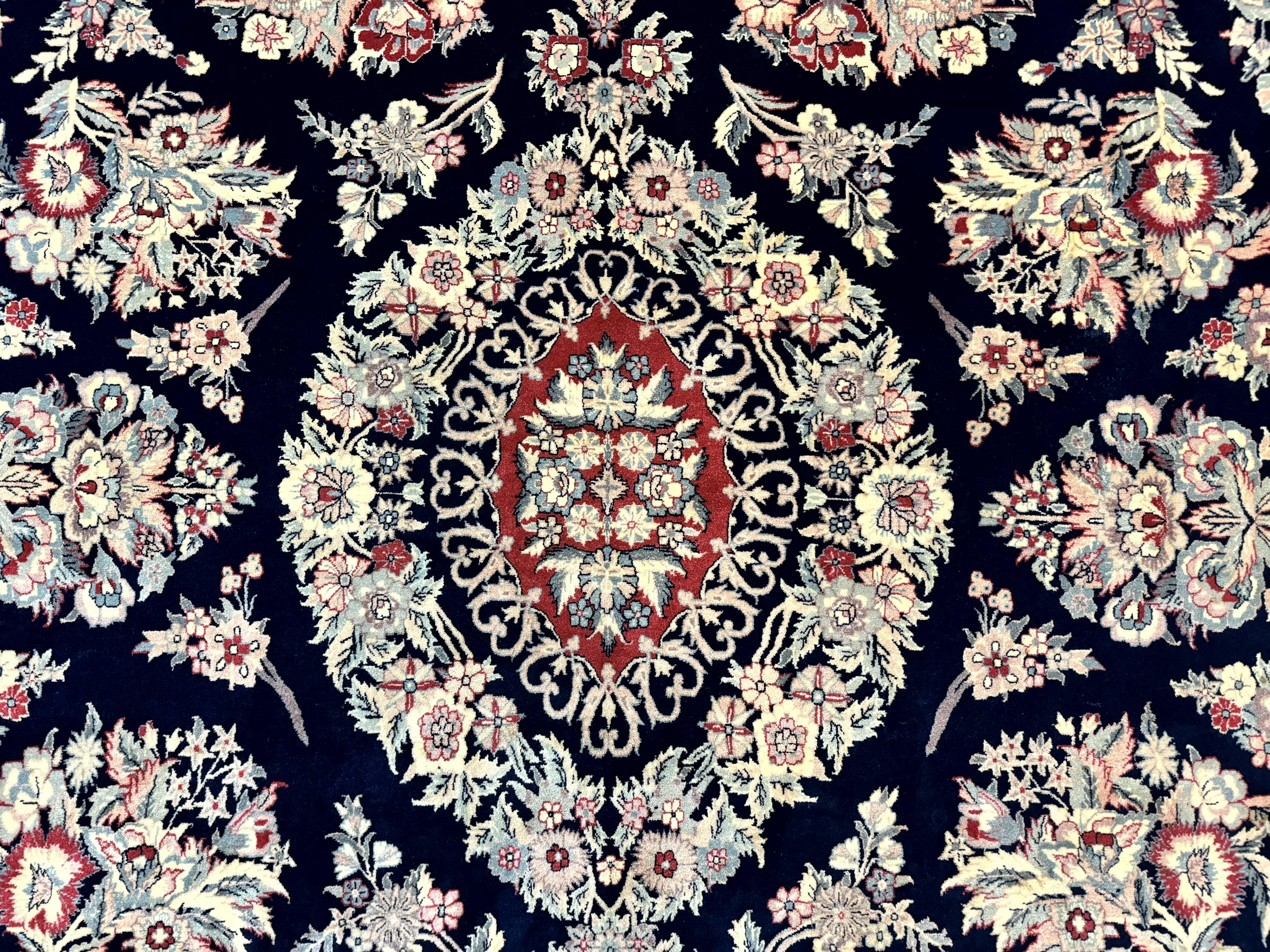 Sino Persian Rug 8x10, Floral Kirman Carpet, Navy Blue and Red, Floral Vases, Handmade Vintage Wool Carpet, 320 KPSI - Jewel Rugs