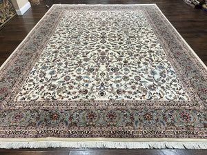 Pak Persian Rug 10x14, Wool Hand Knotted Vintage Oriental Carpet, Ivory/Cream Floral Allover Rug, Fine Weave, Large Traditional Rug