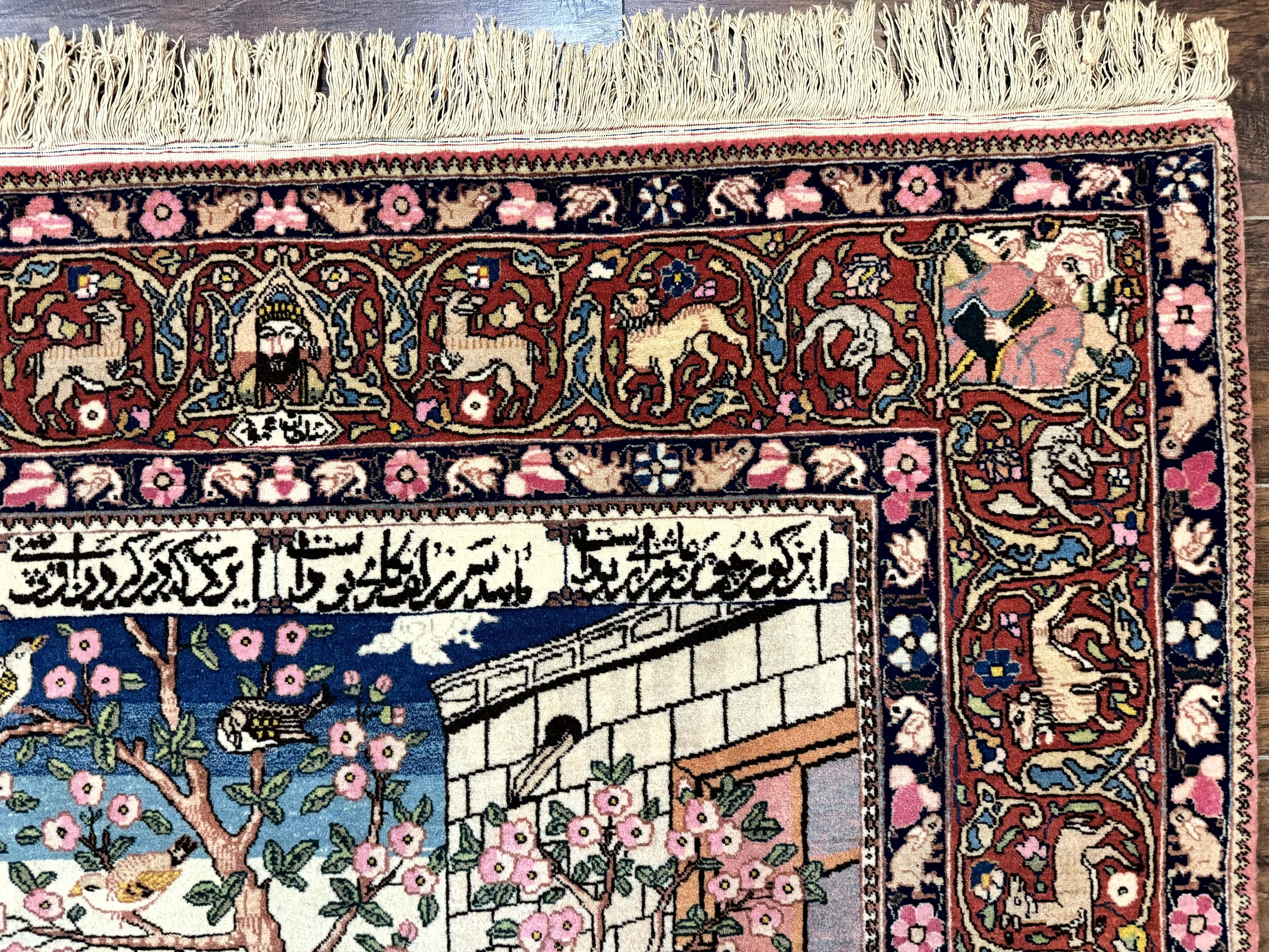 Wonderful Persian Kashan Pictorial Rug 4.7 x 6.5, Persian Rug for Wall Hanging, Handmade Antique Wool Carpet Animal Motifs Poetry Lovers, 240 KPSI - Jewel Rugs
