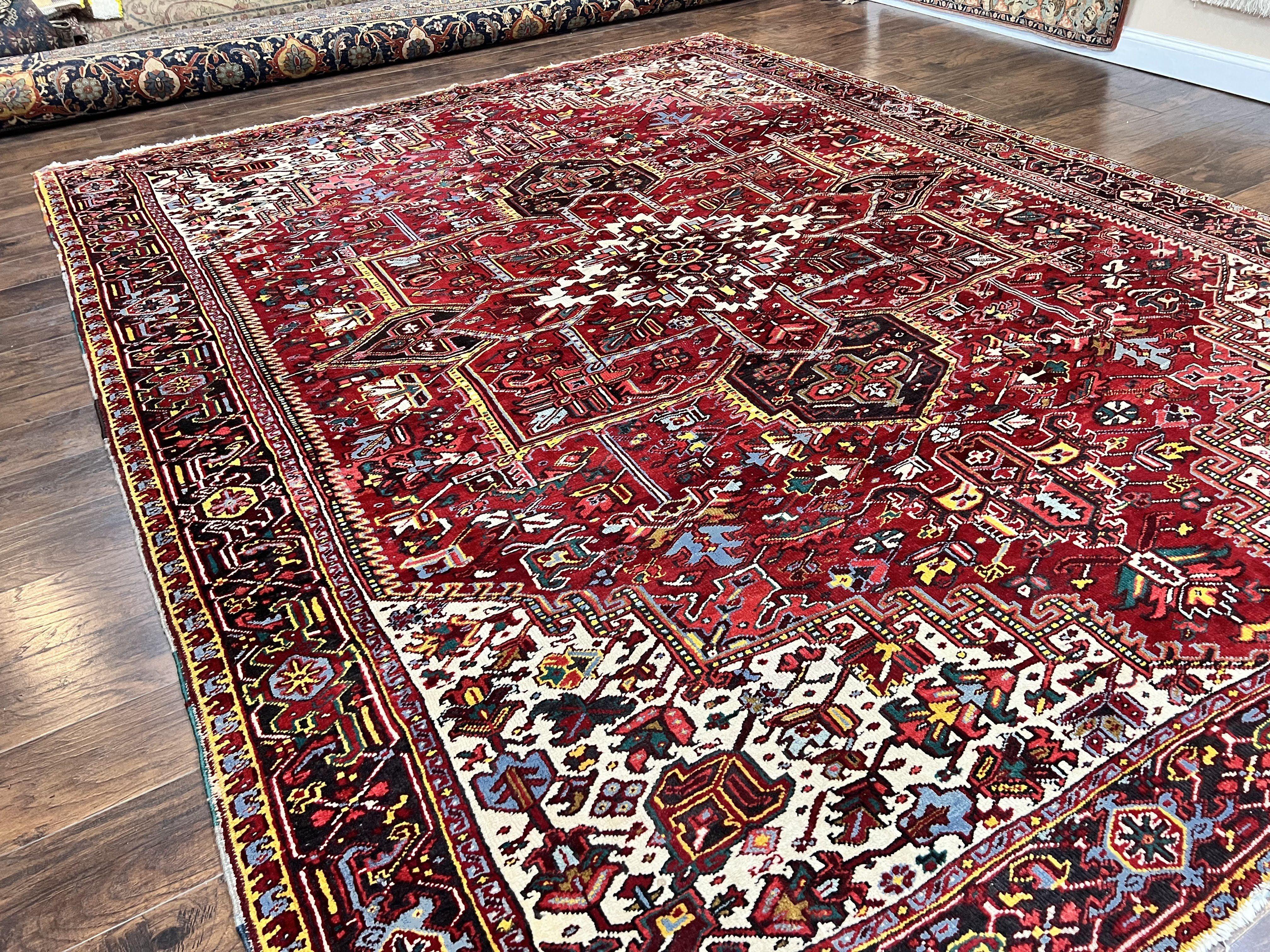 Persian Heriz Rug 10x13, Wool Hand Knotted Vintage Carpet, Geometric Medallion Tribal Oriental Rug, Red & Ivory, 10 x 13 Large Sized Rug - Jewel Rugs