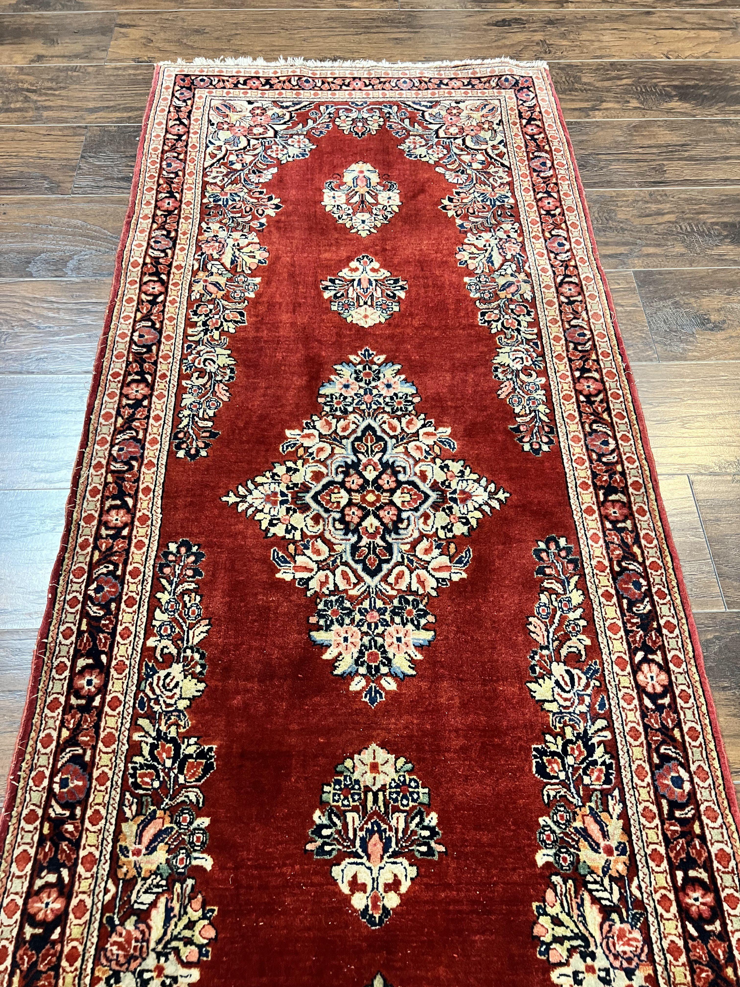 Persian Sarouk Runner Rug 2.7 x 6, Semi Open Field, Red, Handmade Hand Knotted, Wool Oriental Carpet, Vintage Semi Antique - Jewel Rugs