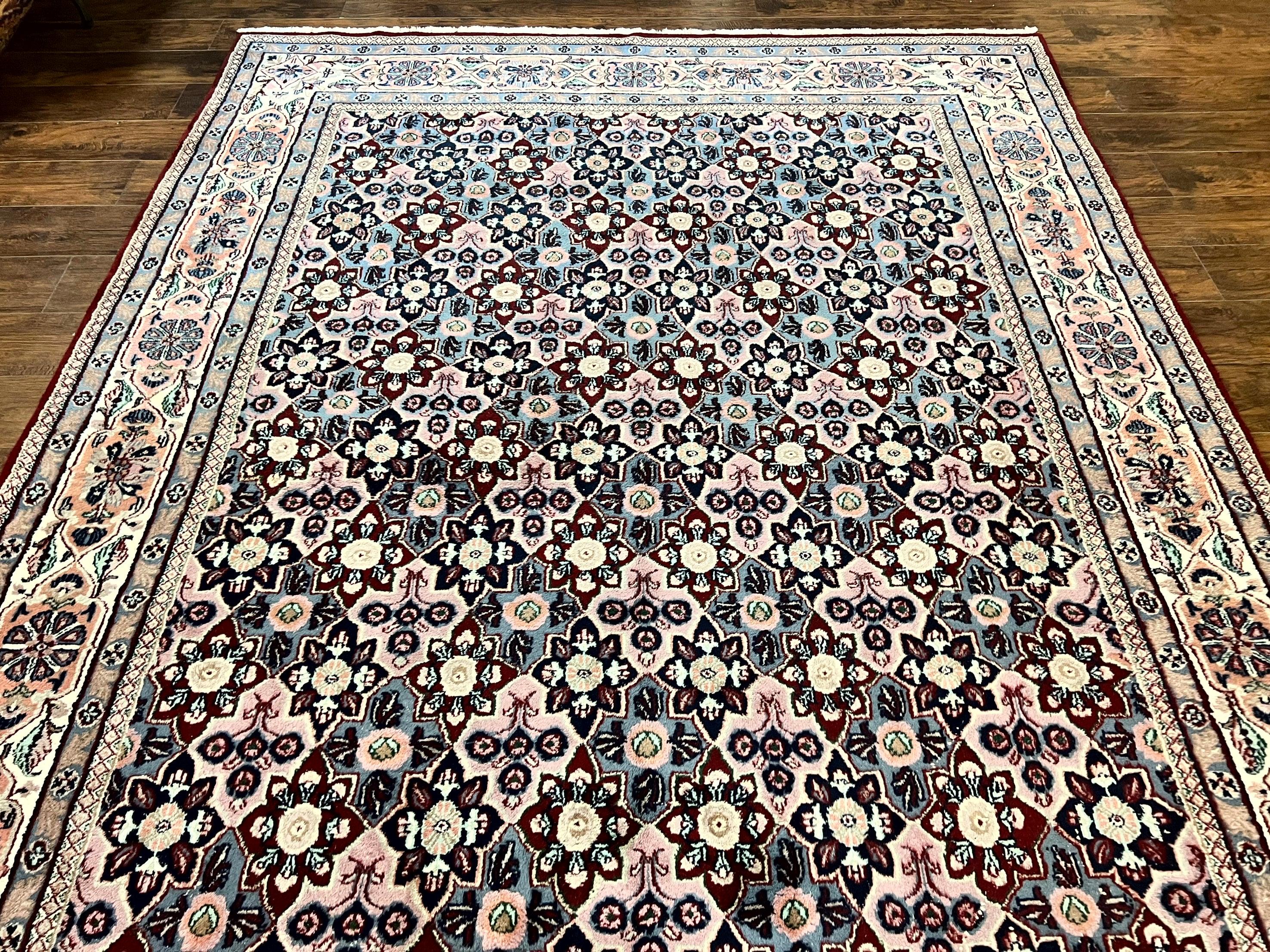 Indo Persian Rug 8x10, Repeated Allover Pattern, Navy Blue Ivory, Handmade Vintage Wool Carpet - Jewel Rugs