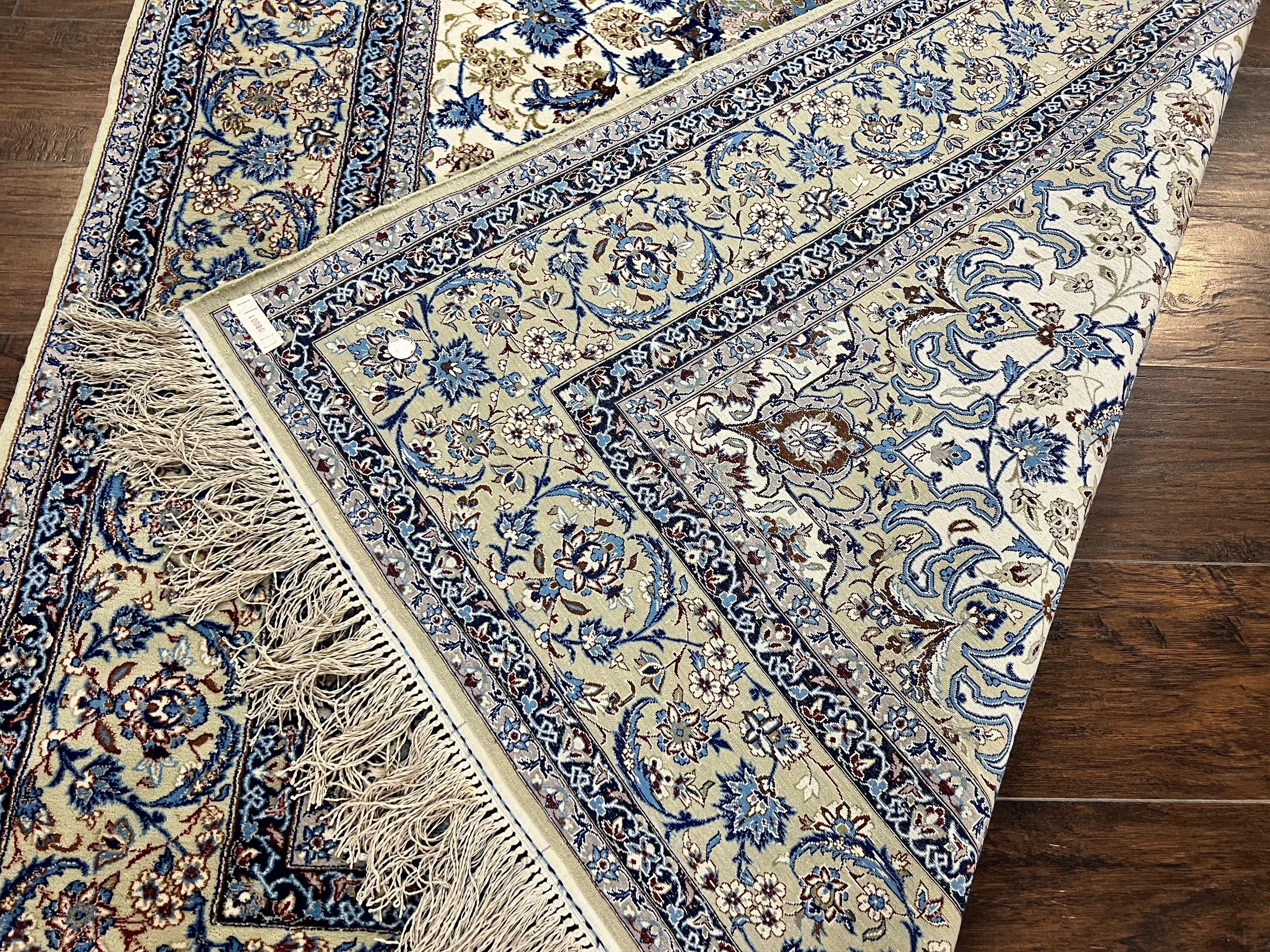 Persian Isfahan Rug 5x8, Kork Wool on Silk Foundation, 440 KPSI, Handmade Vintage Carpet, Floral Medallion Oriental Rug, Ivory & Blue, Very Fine - Jewel Rugs