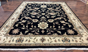 Indo Mahal Rug 8x10, Black Indian Oriental Carpet, Floral, Traditional Rug, Vintage Handmade Hand Knotted Wool Rug 8 x 10