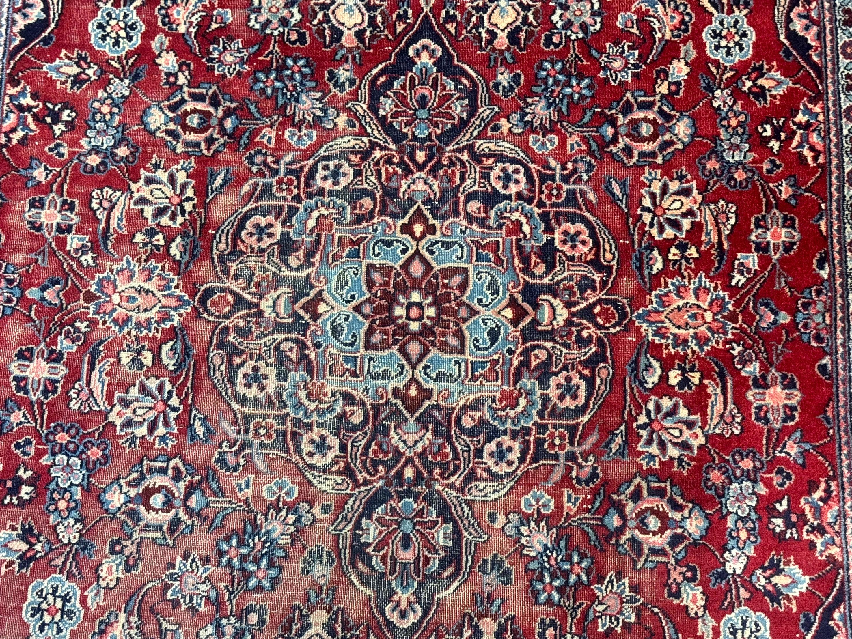 Antique Persian Kashan Rug 4x7, Red and Navy Blue, Floral Medallion, Traditional Oriental Carpet, Medium Low Pile - Jewel Rugs