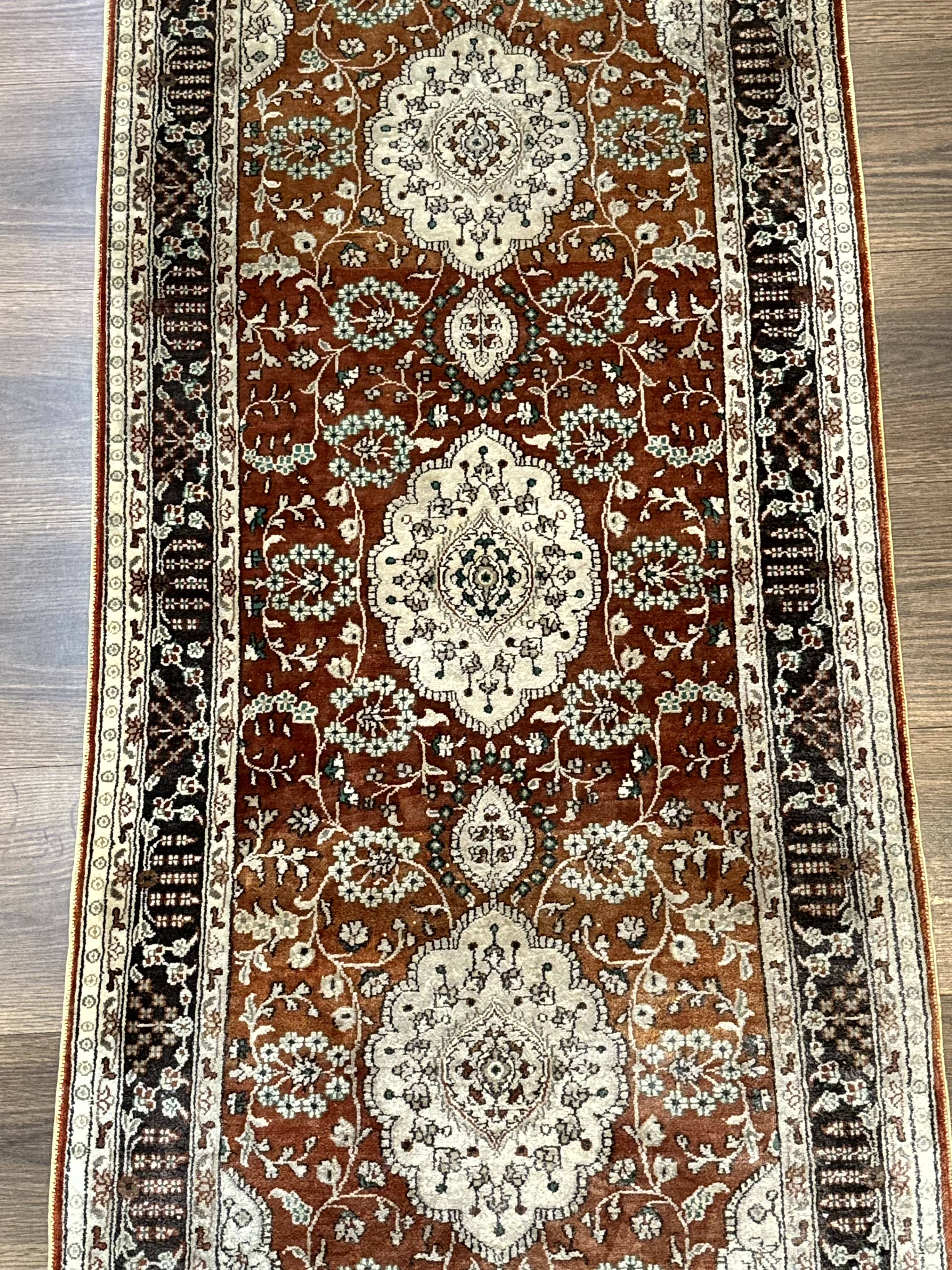 Turkish Silk Narrow Runner Rug 2 x 5.8, Very Fine 340 KPSI, Floral Medallions, Red - Jewel Rugs