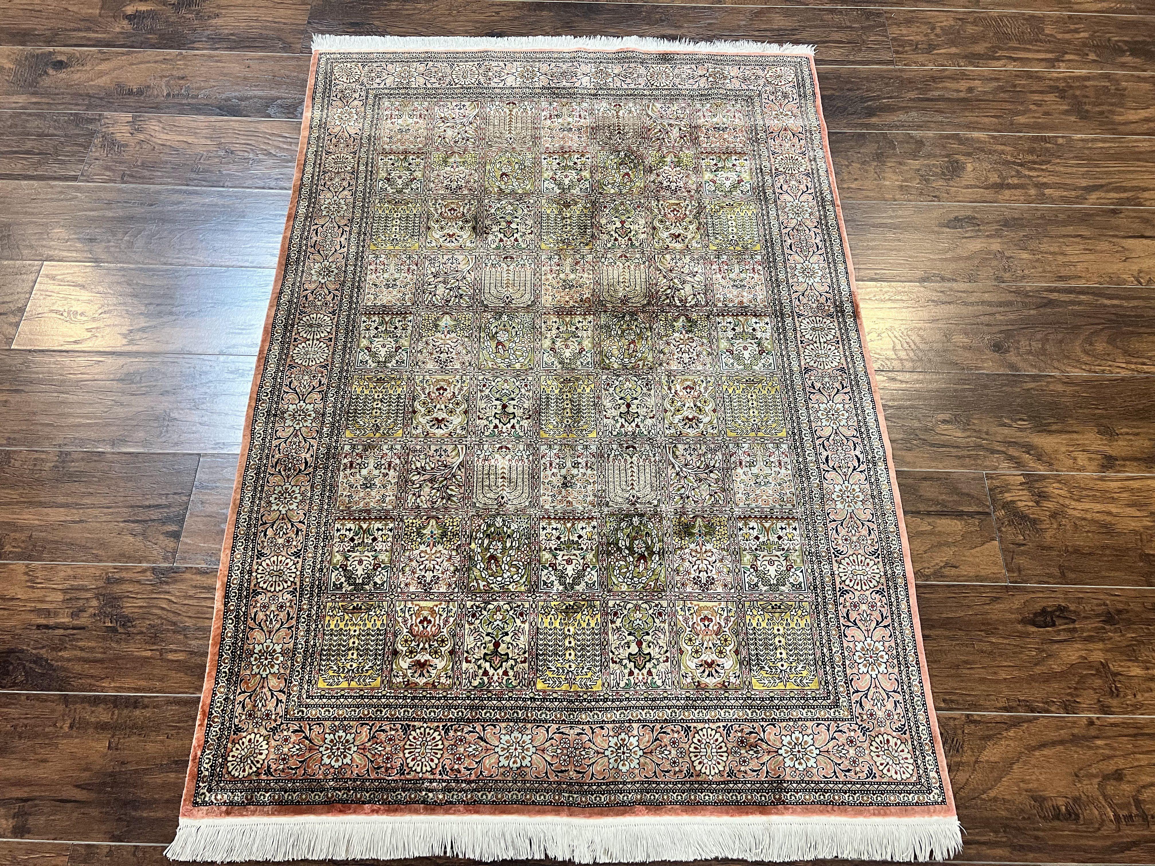 Magnificent Persian Silk Rug 3.7 x 5, Persian Qum Rug, Panel Design, Kheshti Garden, Extremely Fine 650 KPSI - 70 Raj, Hand Knotted, Vintage, Multicolor - Jewel Rugs