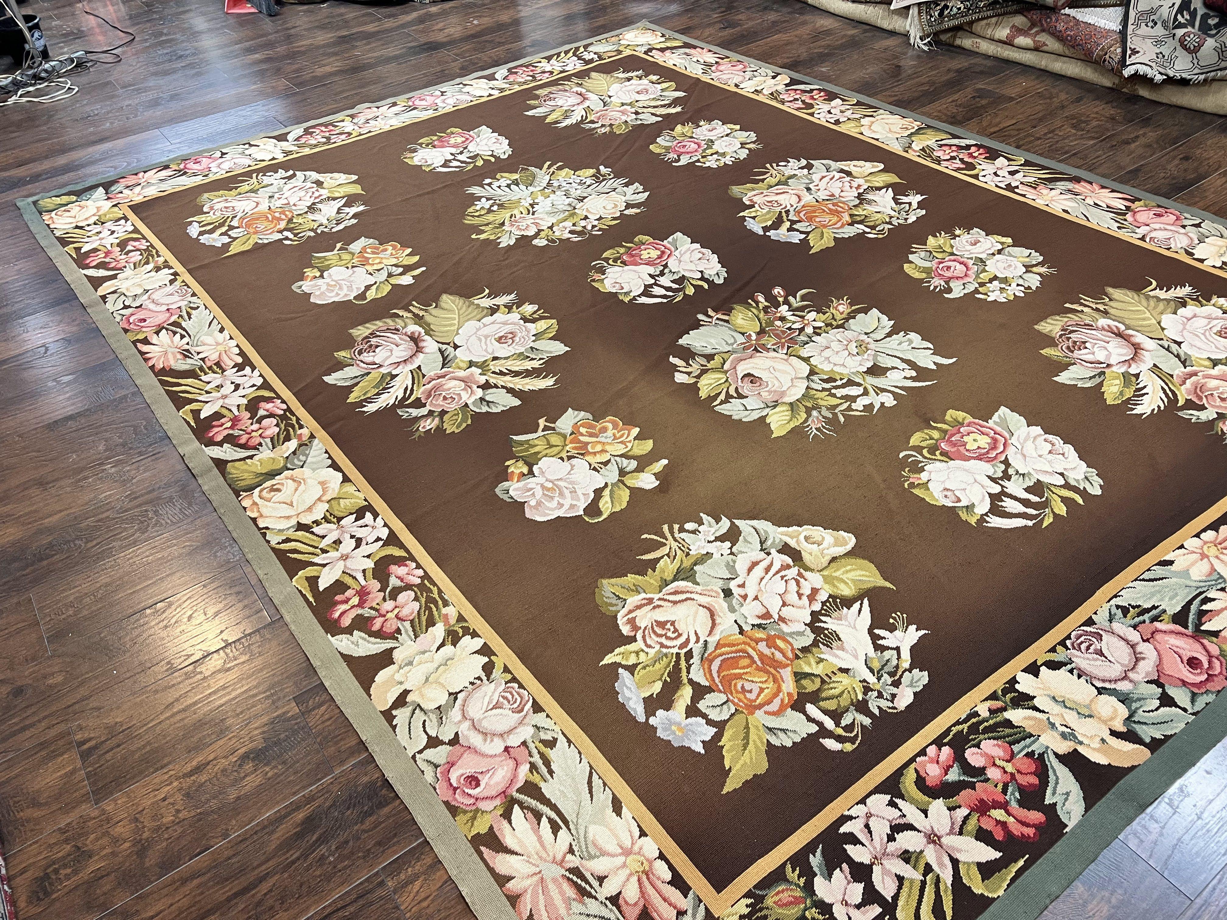 Vintage Needlepoint Rug 9x12, Large Handmade Hand-woven Needlepoint Carpet, Brown Area Rug, Floral Bouquets, Wool Rug, European Design - Jewel Rugs