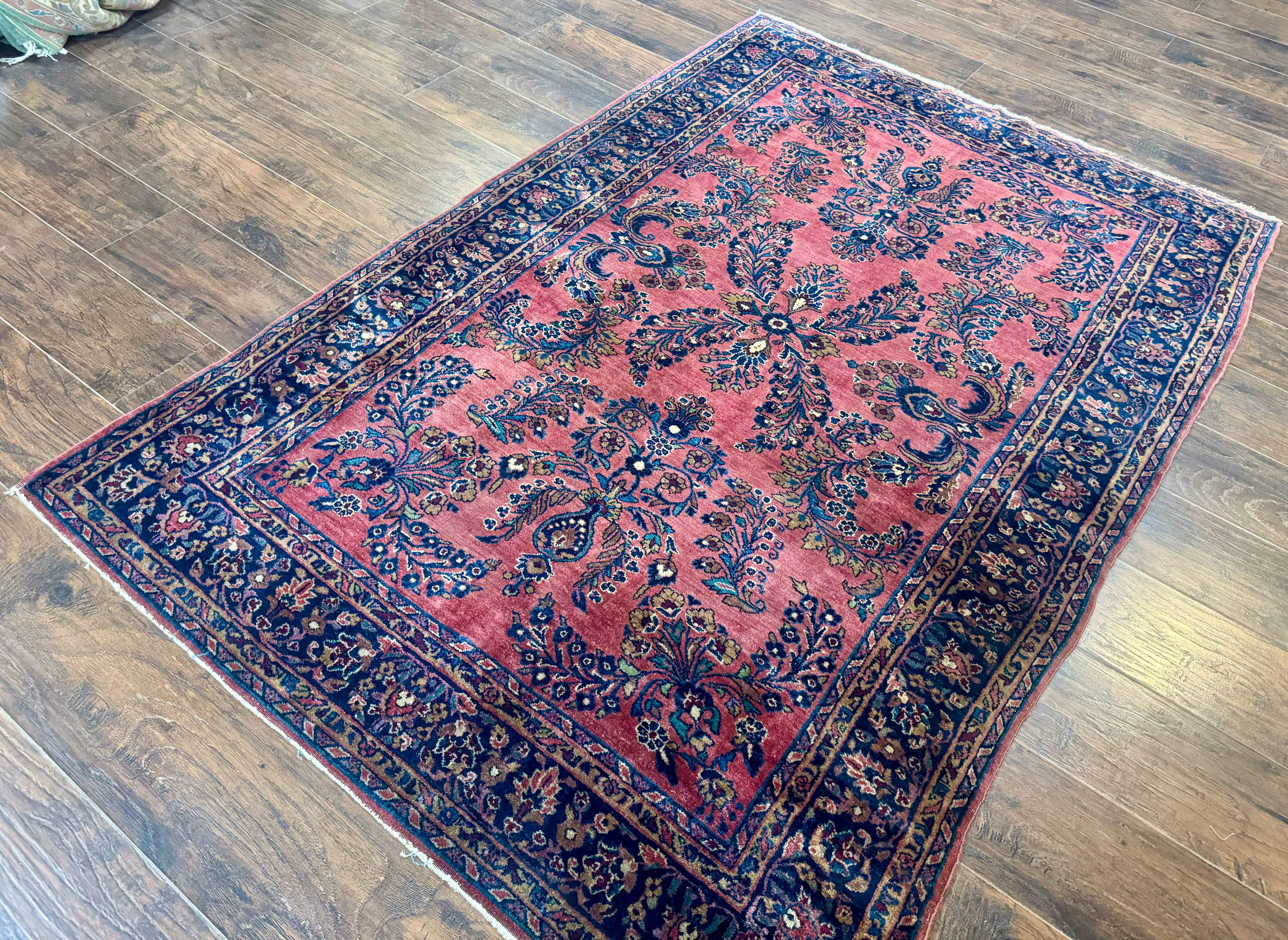 Persian Mohajeran Sarouk Rug 5x7 – Light Red and Navy, Handmade Wool, Antique Carpet, Fine 200 KPSI - Jewel Rugs