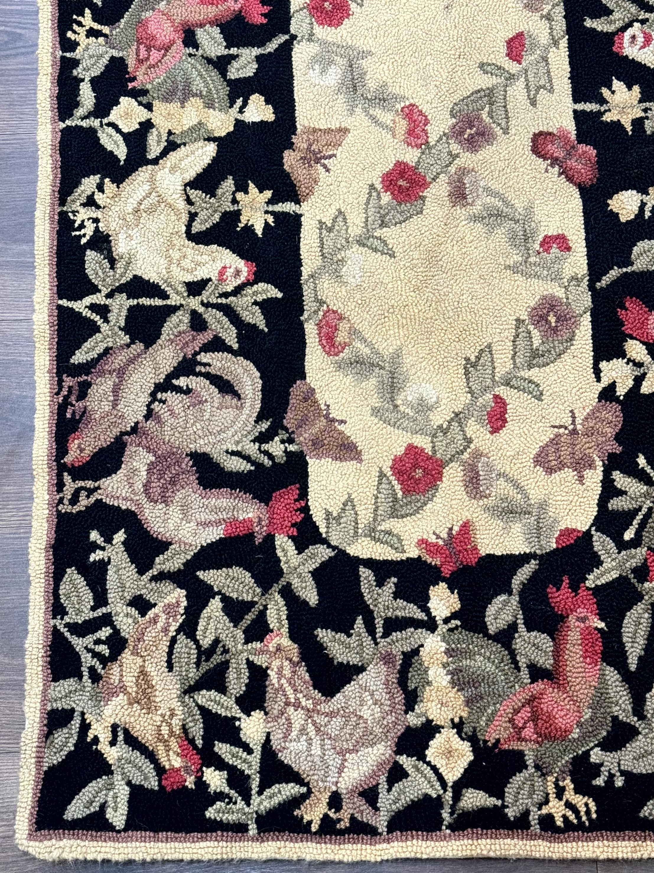 Small Vintage Hooked Rug, Roosters, Handmade, Wool - Jewel Rugs