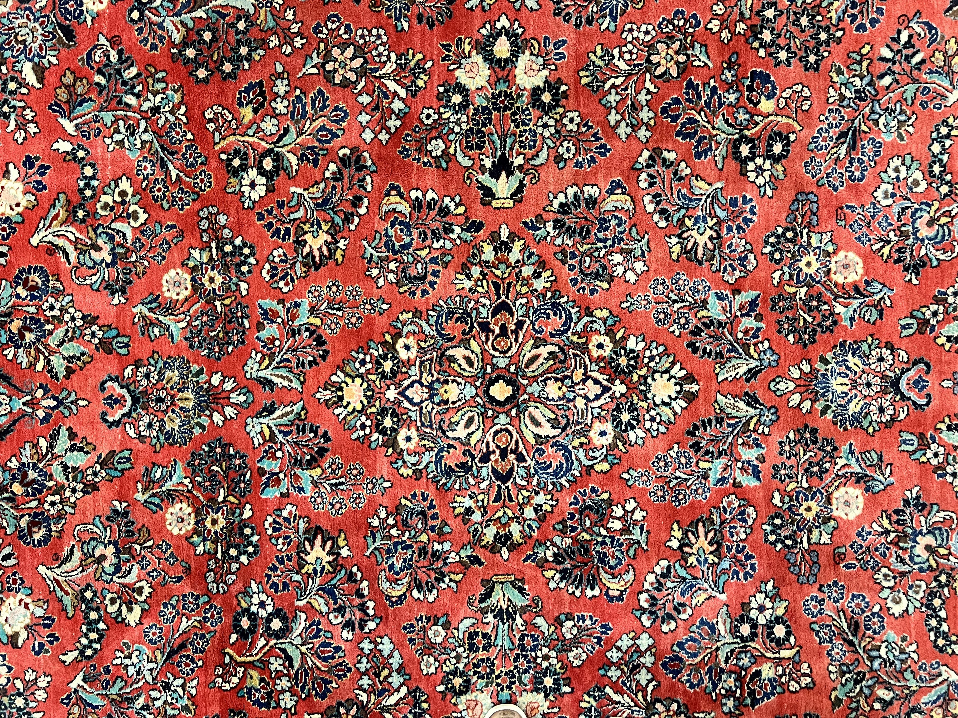 Square Persian Sarouk Rug 11x11 ft, Rare Size, Hand Knotted Wool Floral Allover Red Persian Carpet, Handmade Antique Rug - Jewel Rugs