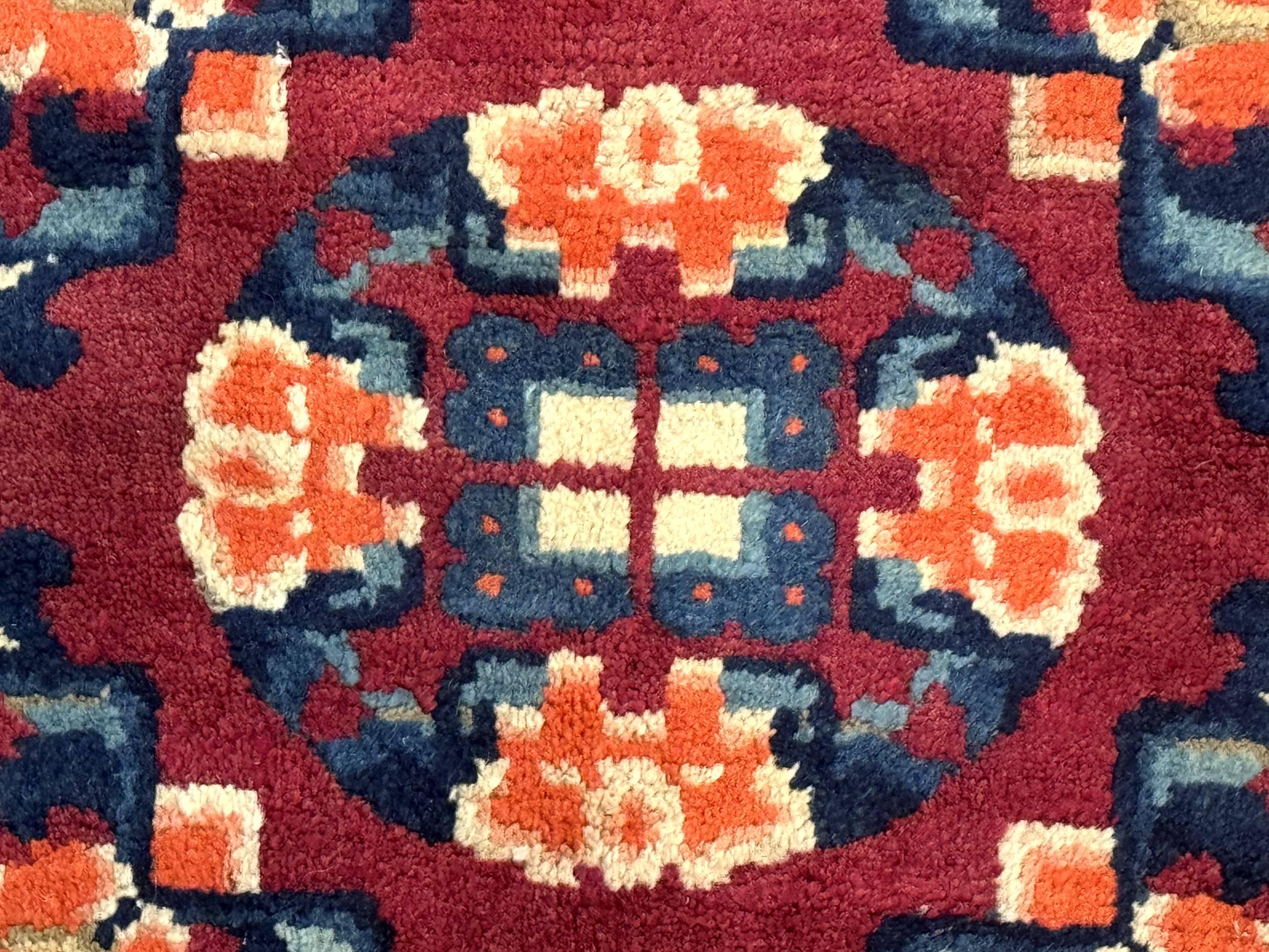 Small Antique Chinese Square Rug 2x3, Tibetan Rug, Red Orange Blue, 1920s Rug - Jewel Rugs