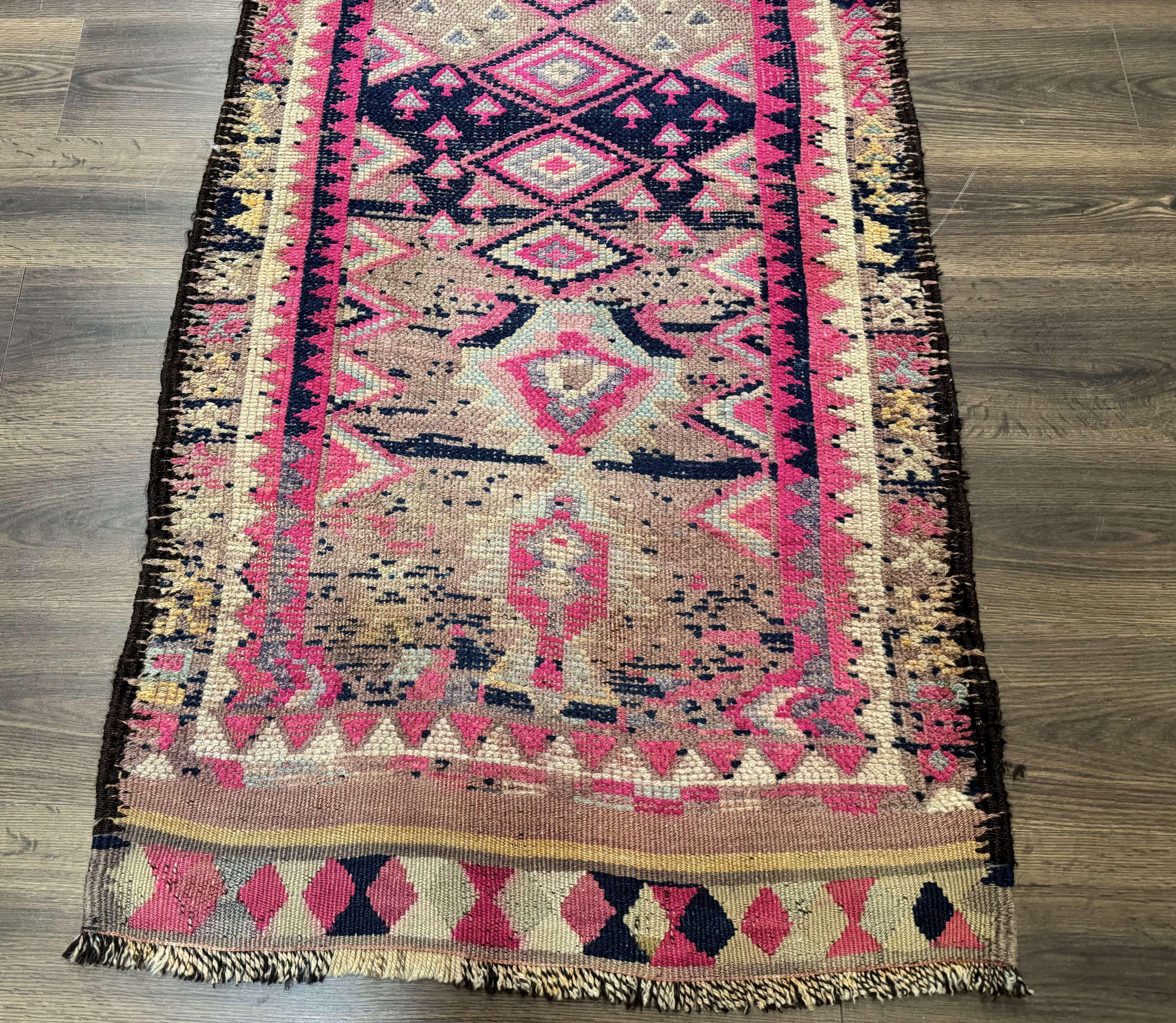 Turkish Runner Rug 3x10, Pink and Navy Blue, Bohemian Runner for Hallway or Kitchen, Vintage, Geometric, Tribal - Jewel Rugs