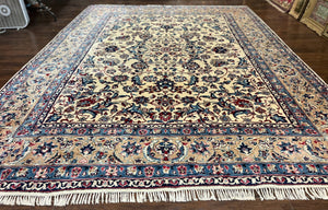 Persian Mashad Rug 10x14, Cream Floral Allover Carpet, Signature from Masterweaver, Handmade Vintage Large Rug