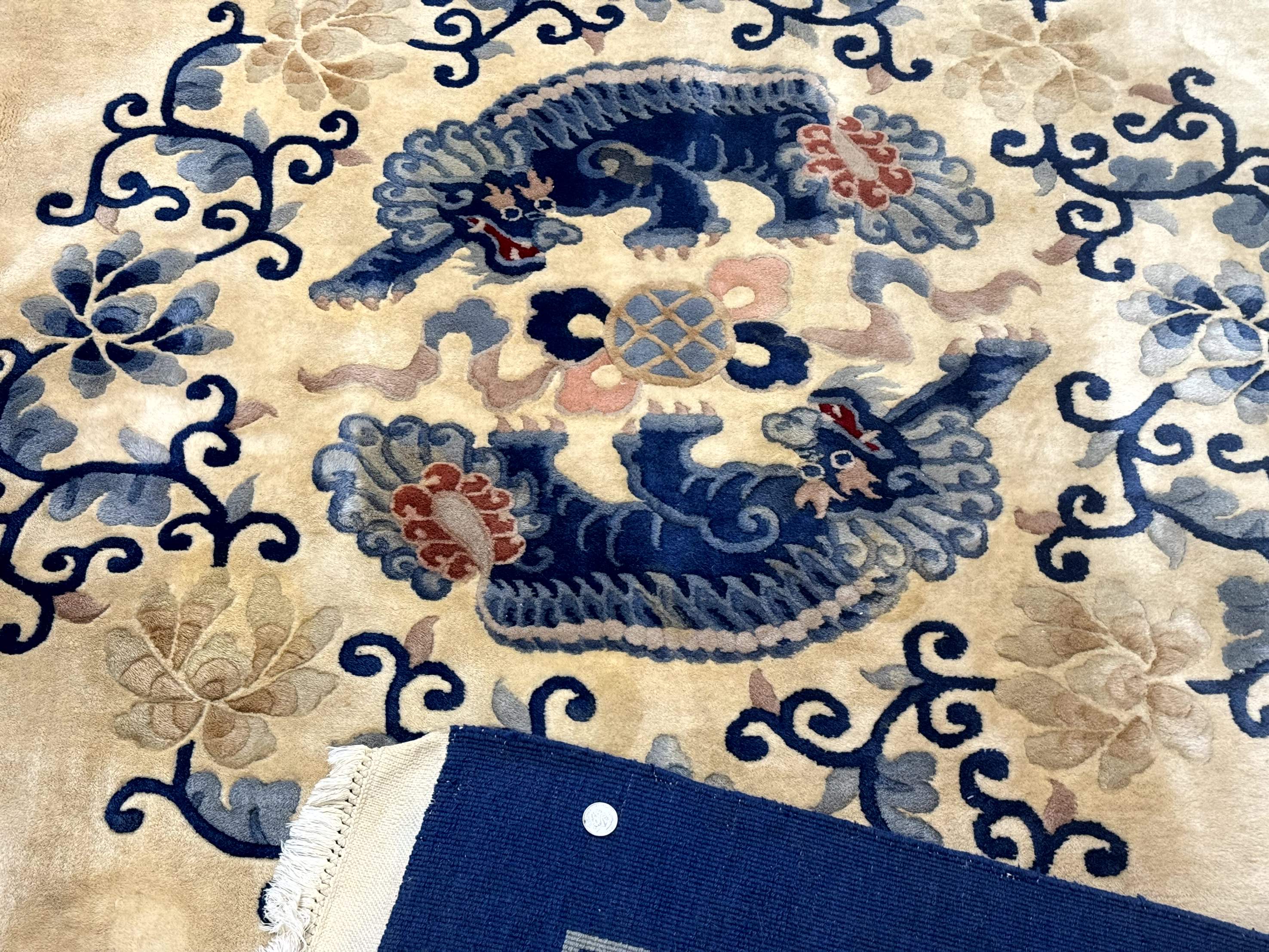 Palace Size Chinese Wool Rug 12x19 – Ivory and Blue, Dragons, Vintage Carpet - Jewel Rugs