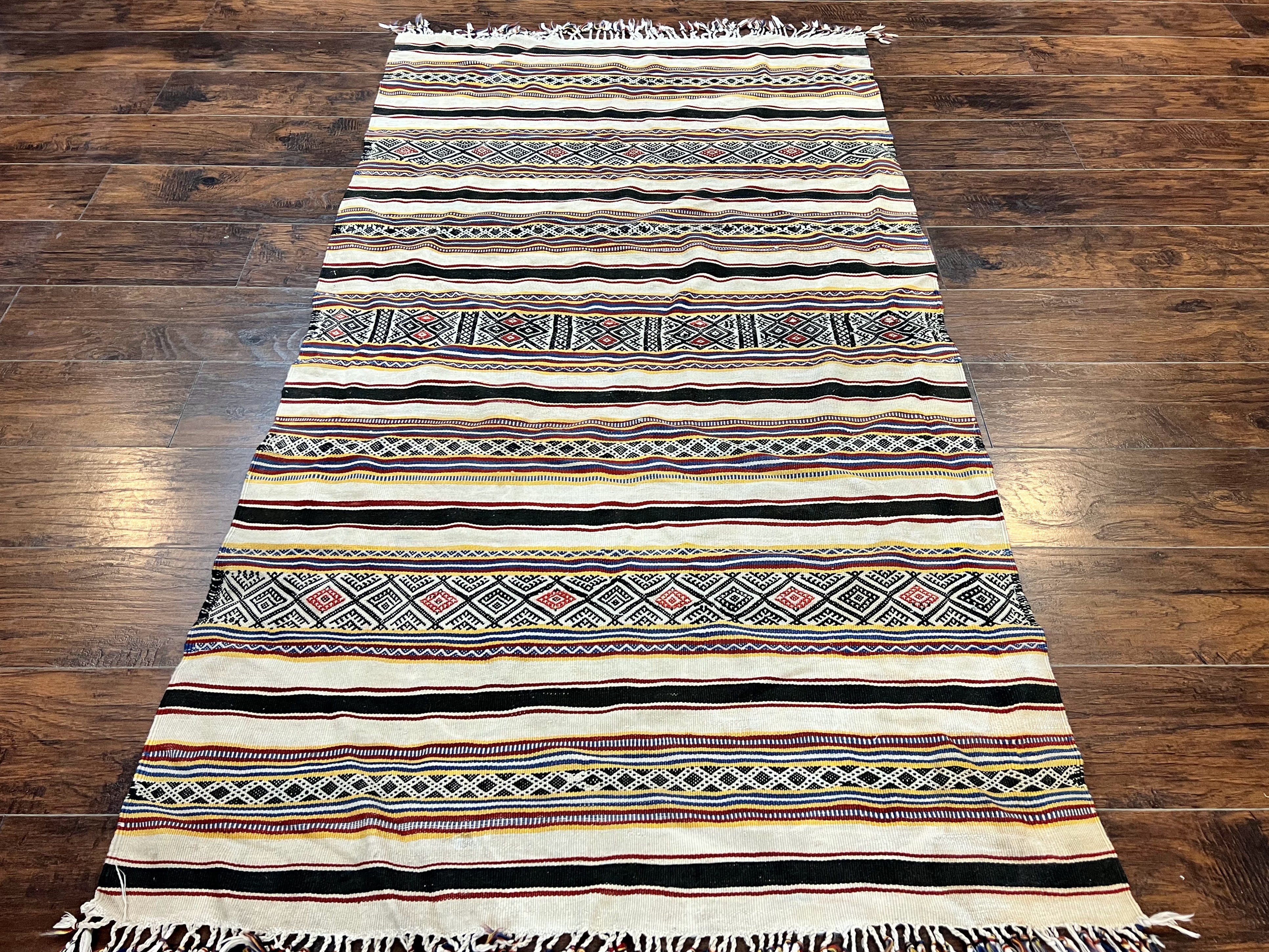South American Kilim Rug 4x7 ft, Wool Handmade Vintage Carpet, Ivory Black Multicolor Stripes, Bohemian Blanket Rug, Flatweave Area Rug - Jewel Rugs