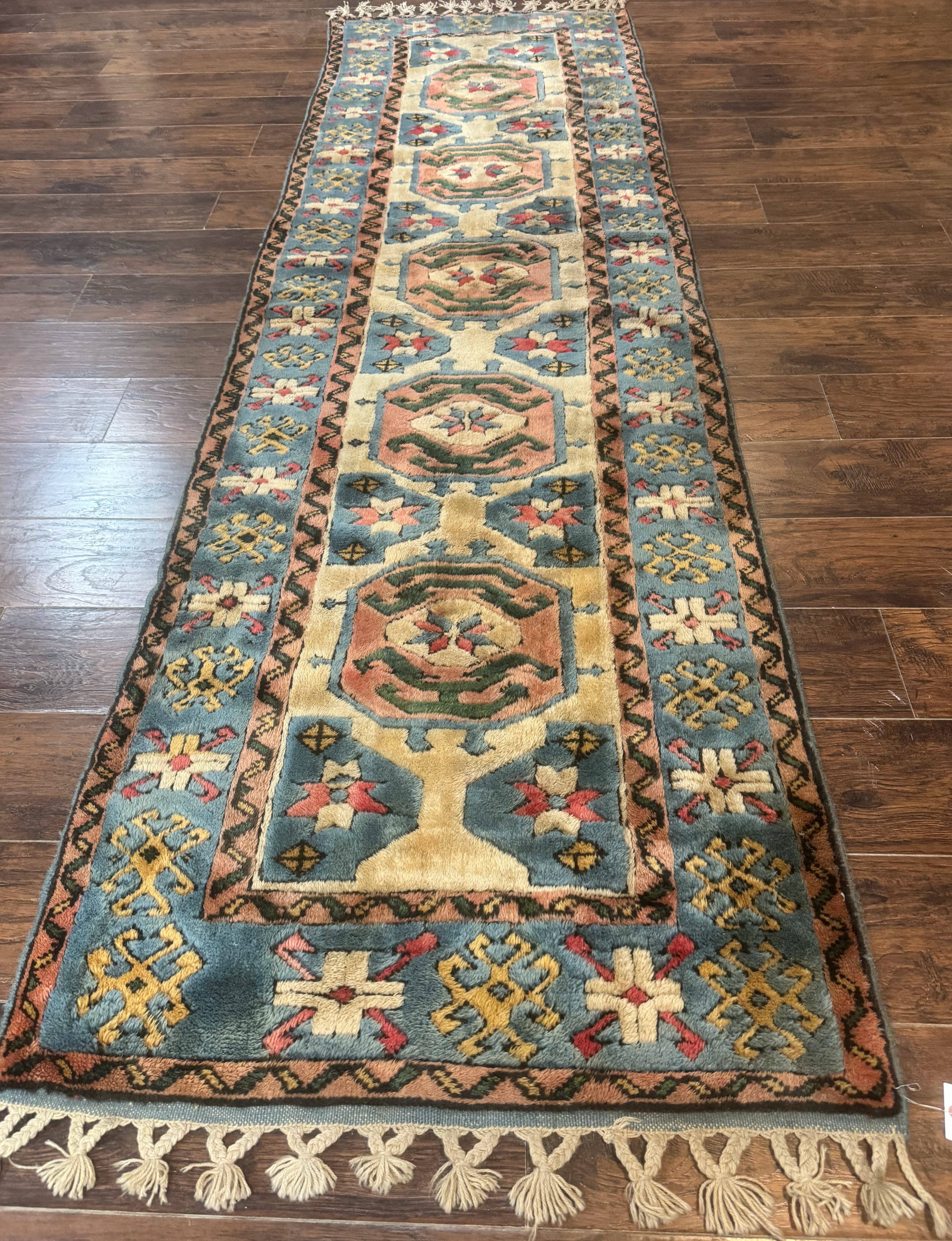 Turkish Kazak Runner Rug 3x11, Cream and Light Blue, Vintage - Jewel Rugs