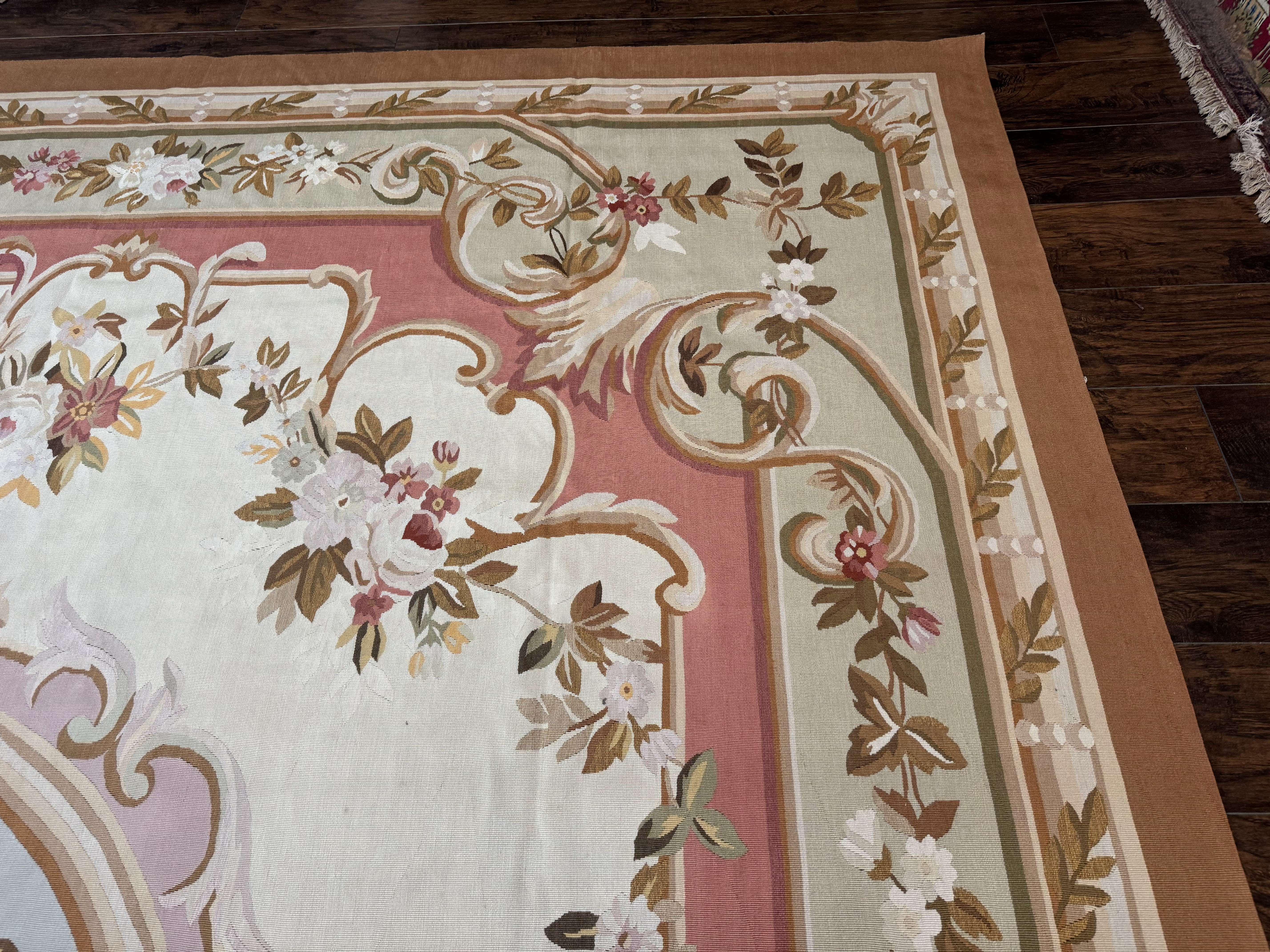 French Aubusson Rug 10x14, Vintage Flatweave European Handmade Carpet, Ivory LIght Blue Pink, Large Aubusson Rug - Jewel Rugs