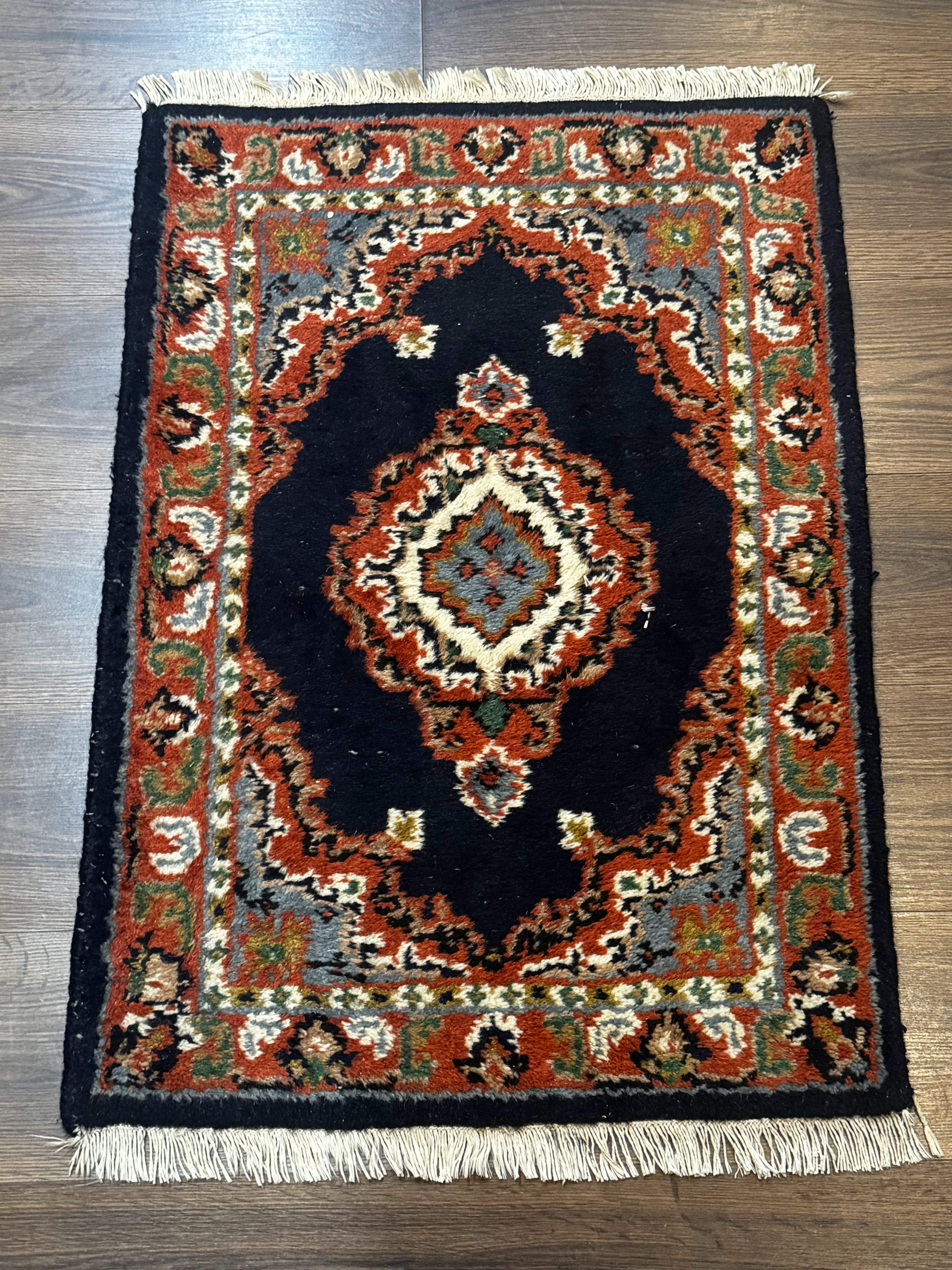 Small Indo Persian Rug 2x3, Navy Blue & Terracotta, Wool, Handmade - Jewel Rugs