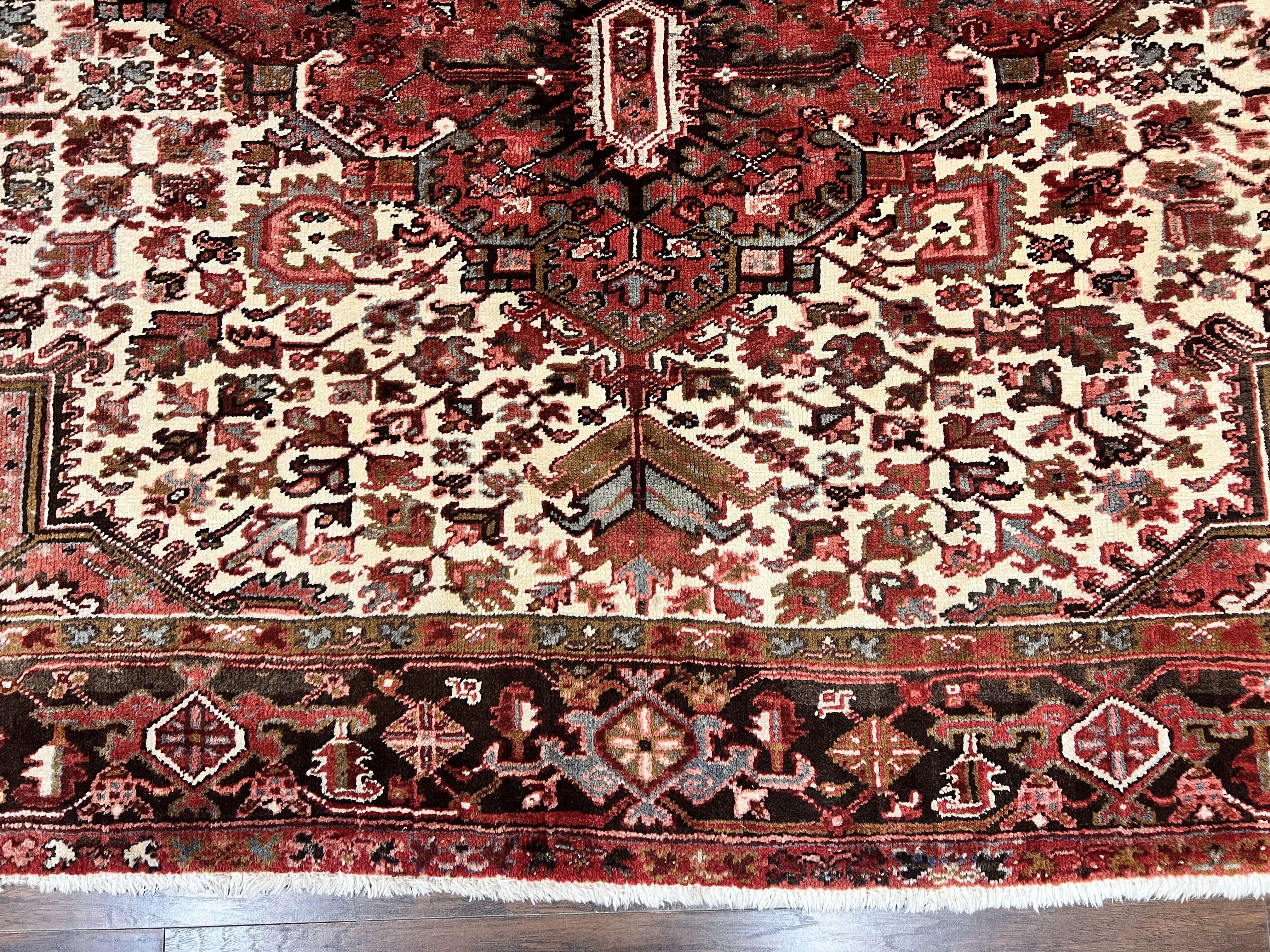 Large Persian Heriz Rug 10x13, Red and Cream Geometric Tribal Room Sized Handmade Wool Hand Knotted Semi Antique Decorative Oriental Carpet - Jewel Rugs