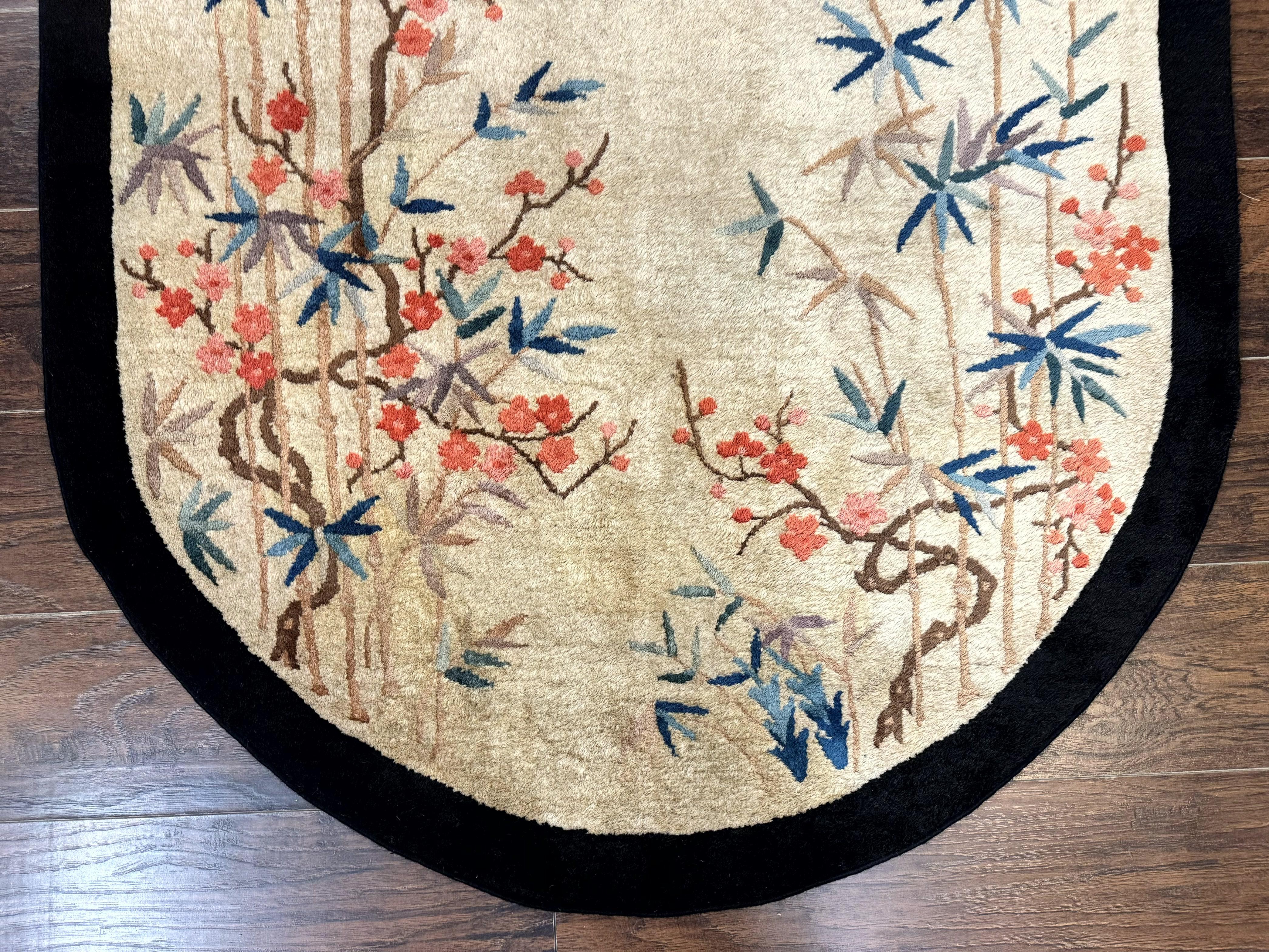 Antique Chinese Oval Rug 3.9 x 6.7, Floral, Butterflies, Chinese Wool Art Deco Peking Carpet, Beige, Handmade - Jewel Rugs