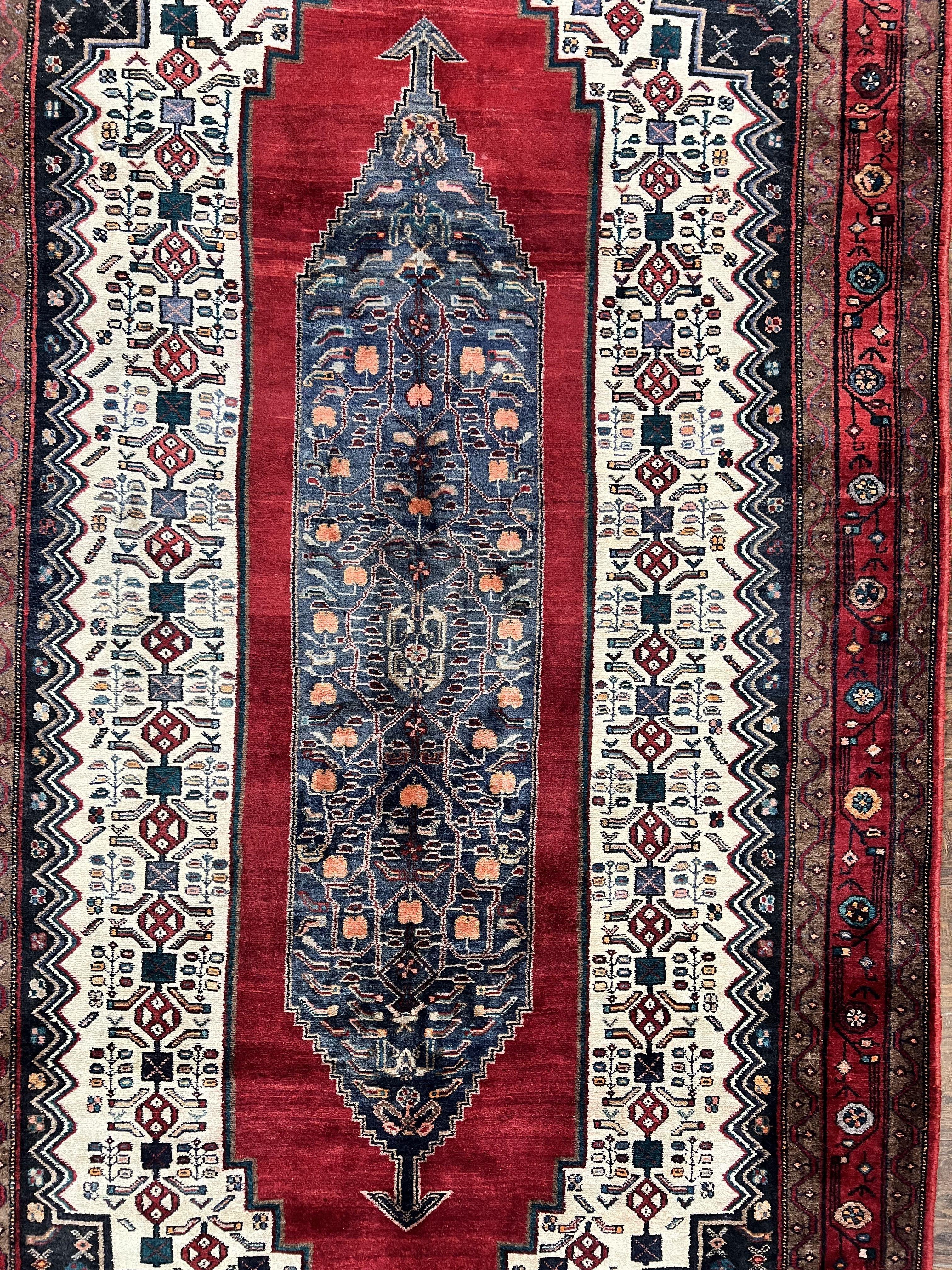 Persian Rug 5x12 ft, Red Cream Navy Blue, Pictorials, Hand Knotted Handmade Wide Runner Tribal Bidjar Semi Antique Wool Geometric Oriental Rug - Jewel Rugs