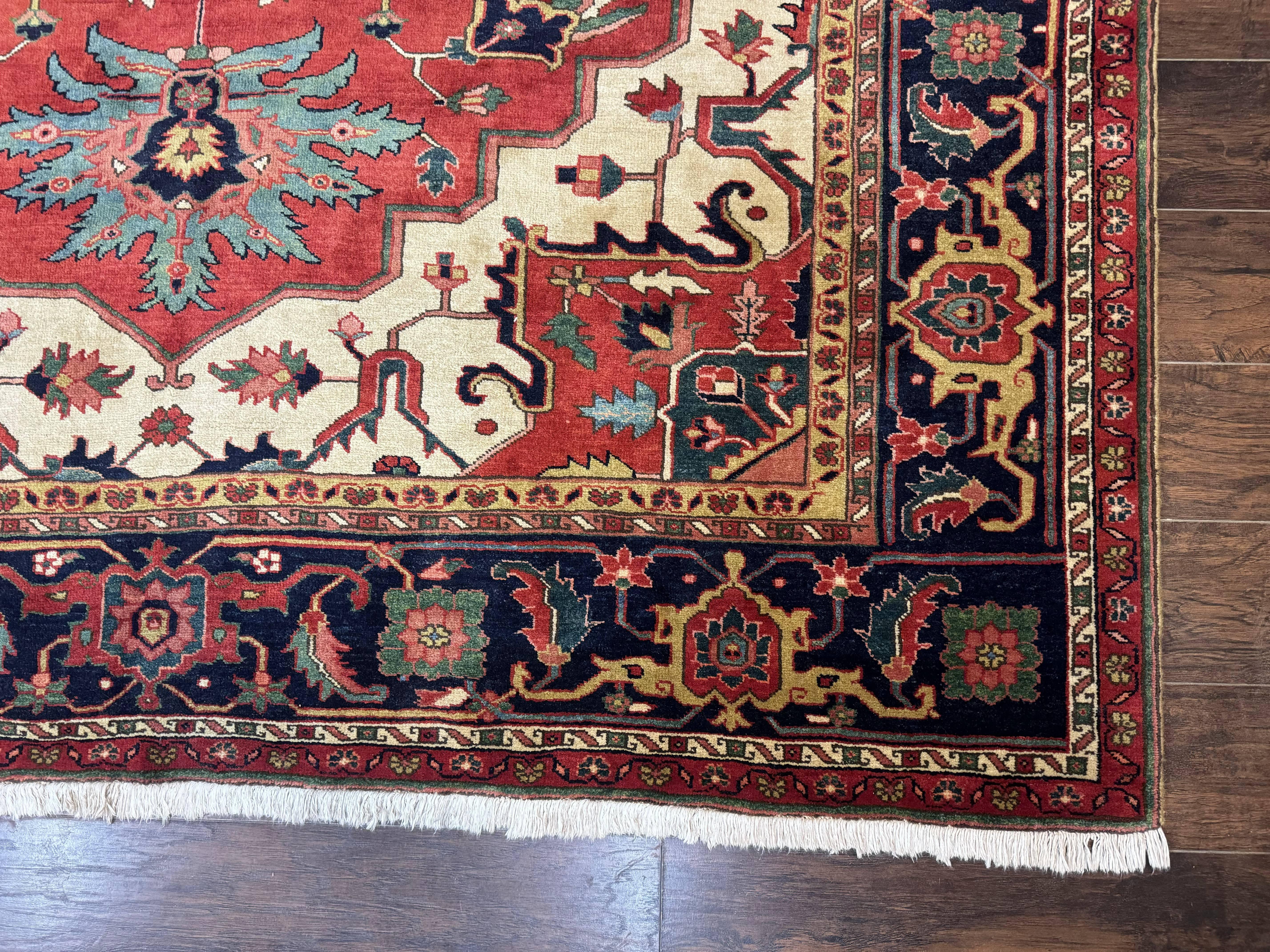 Persian Heriz Serapi Rug 8 x 10.6, Geometric Medallion, Great Colors, Rare, Red Navy Blue Ivory - Jewel Rugs