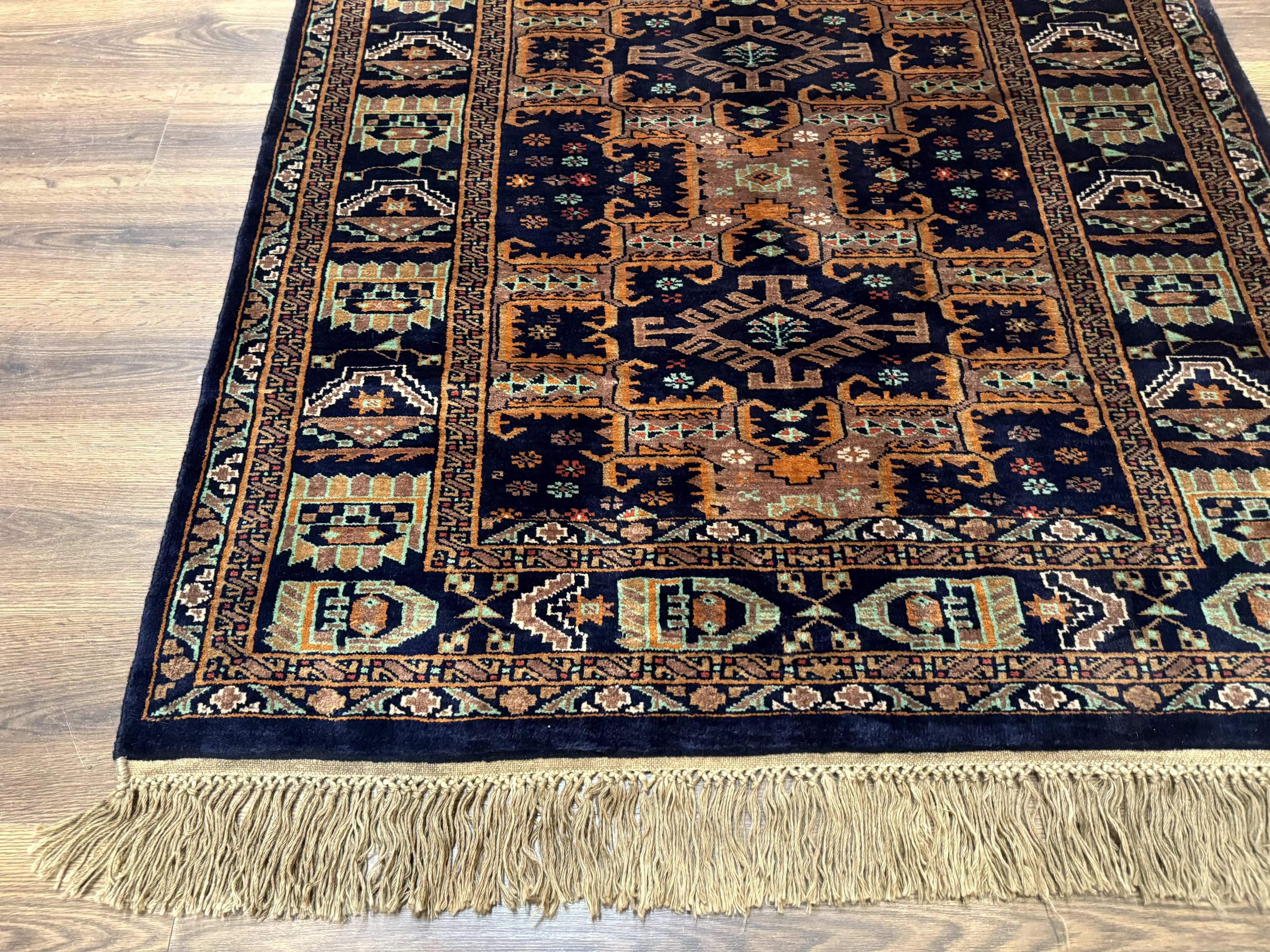 Vintage Afghan Rug 4x6, Navy Blue and Light Brown, Geometric Medallions, Wool on Wool, Tribal Rug - Jewel Rugs