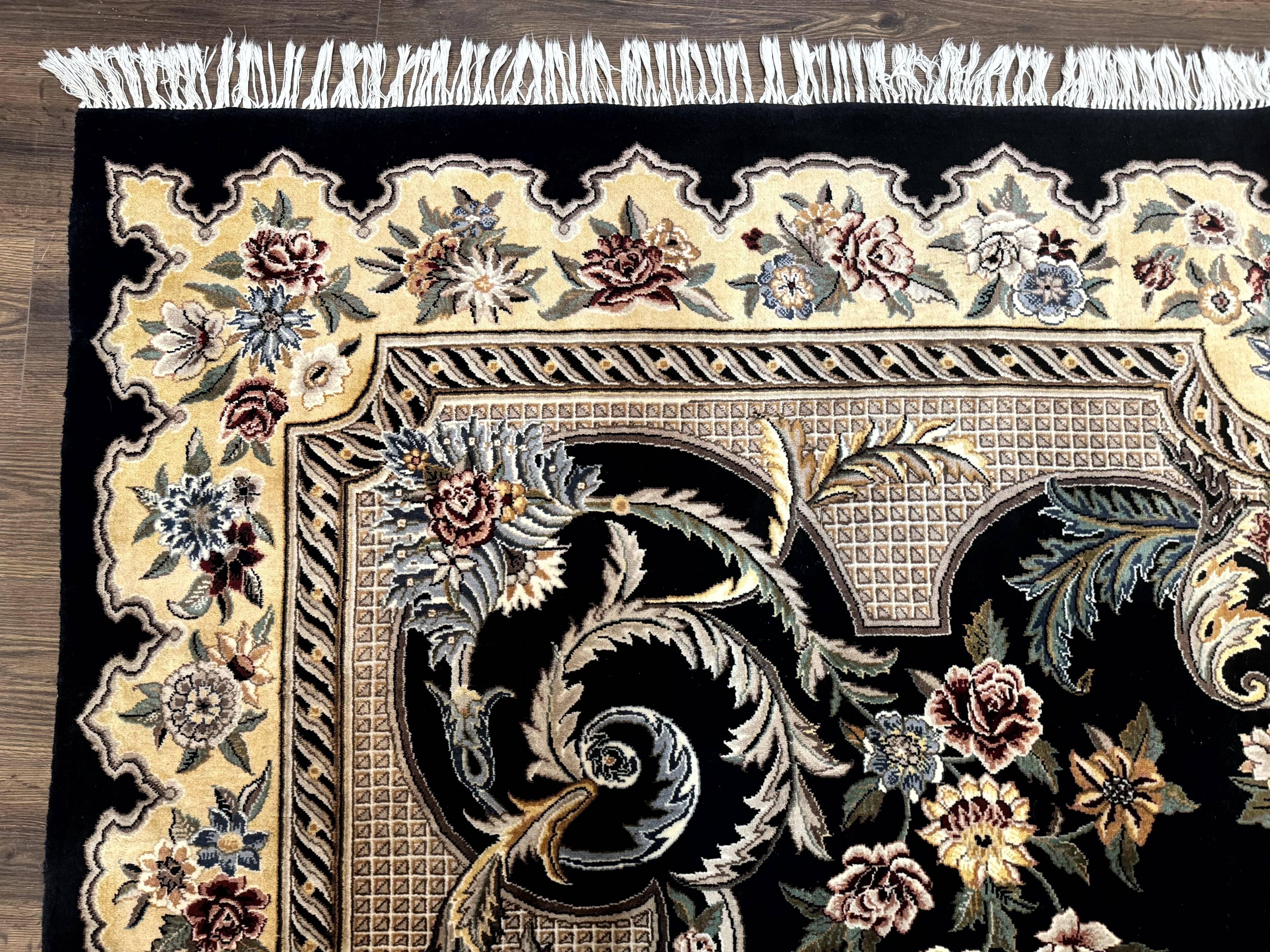 Aubusson Rug 9x12, Black and Beige, Floral, Elegant Handmade French European Design Carpet - Jewel Rugs