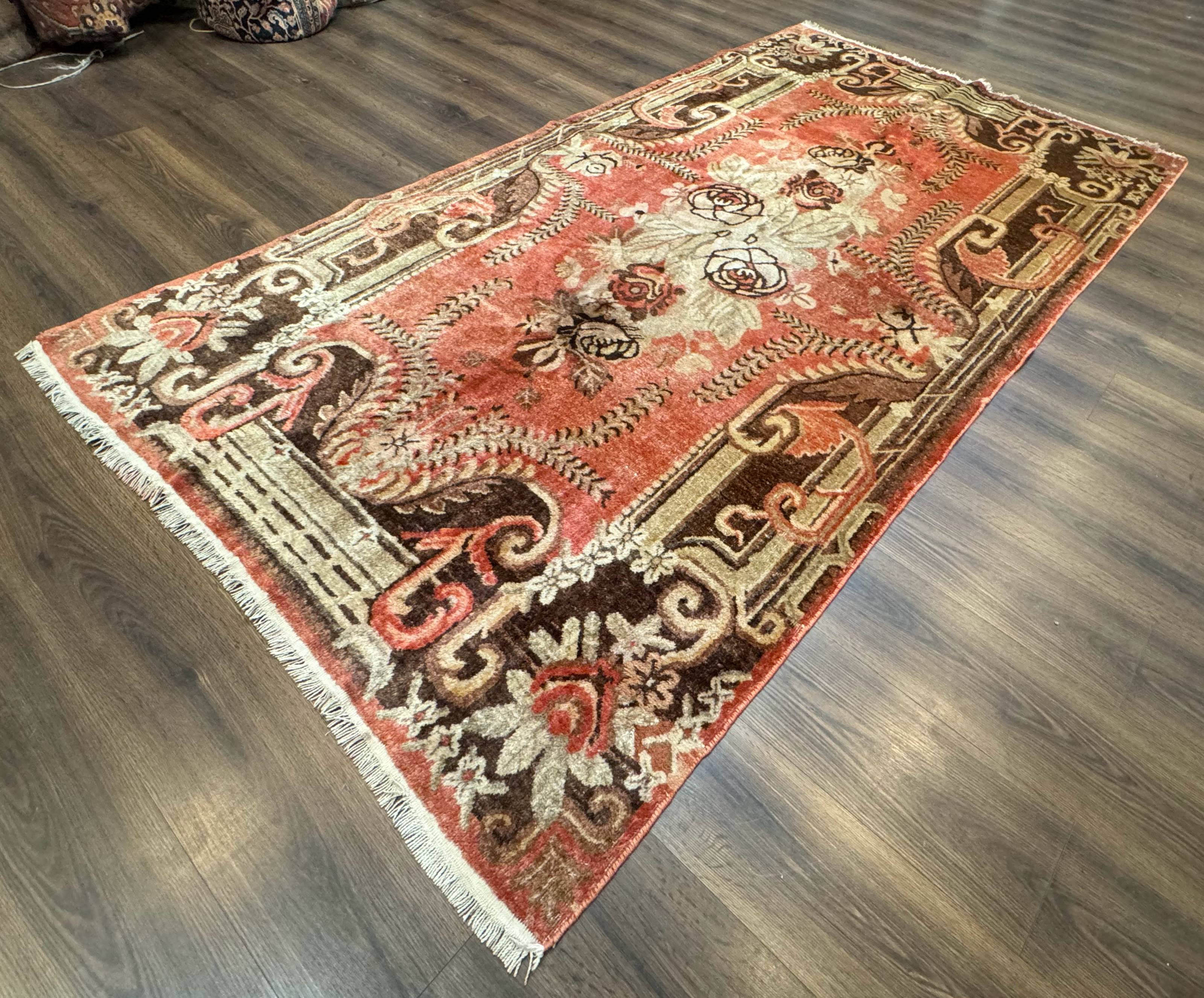 Khotan Rug 5x9, Terracotta and Brown, Floral, Chinese Wool Carpet, Antique Rug - Jewel Rugs