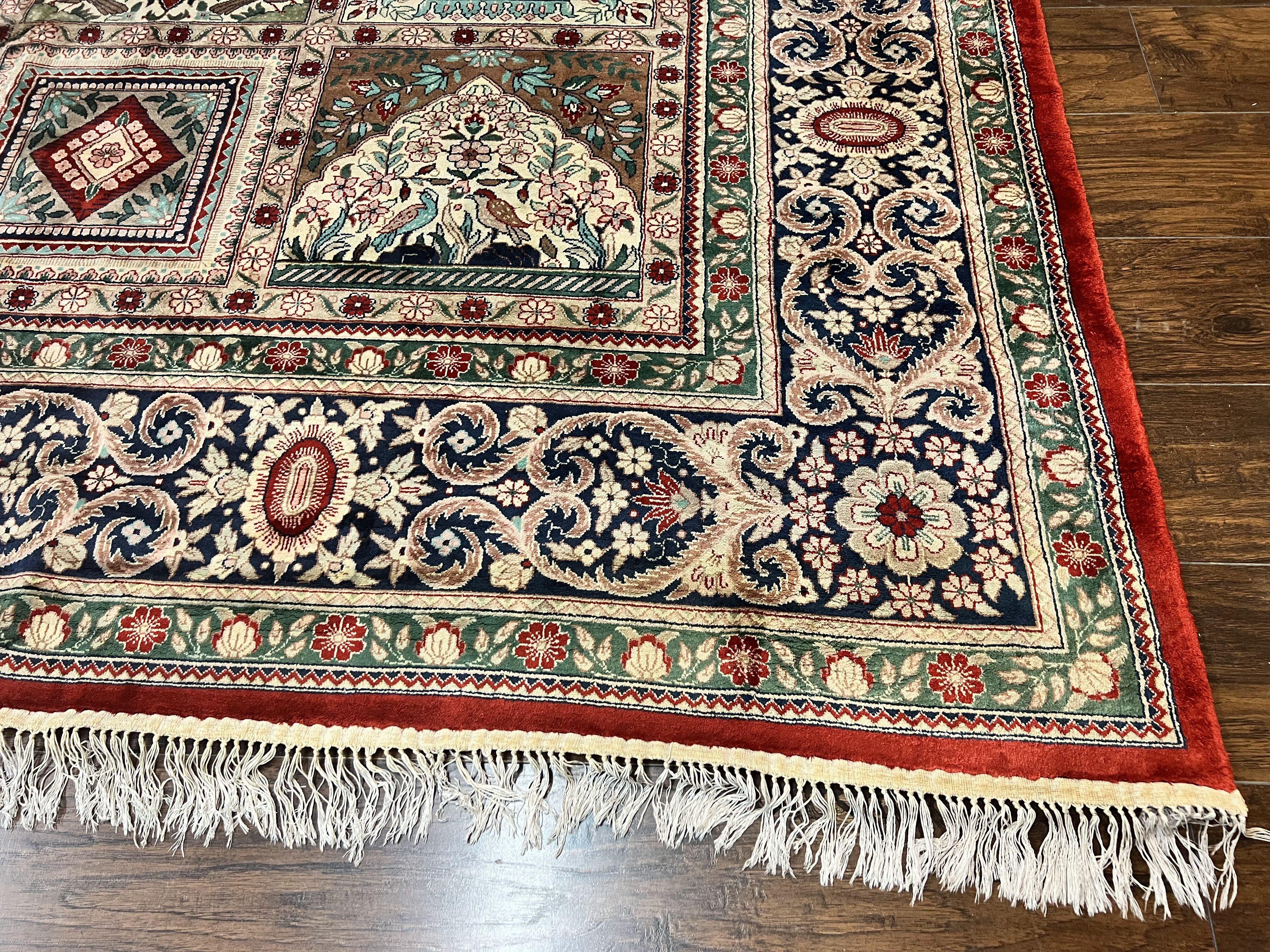 Silk Sino Persian Rug 9x12, Panel Design, Garden of Eden Pattern, Fine 200 KPSI, Hand Knotted Room Sized Silk Carpet, Vintage - Jewel Rugs