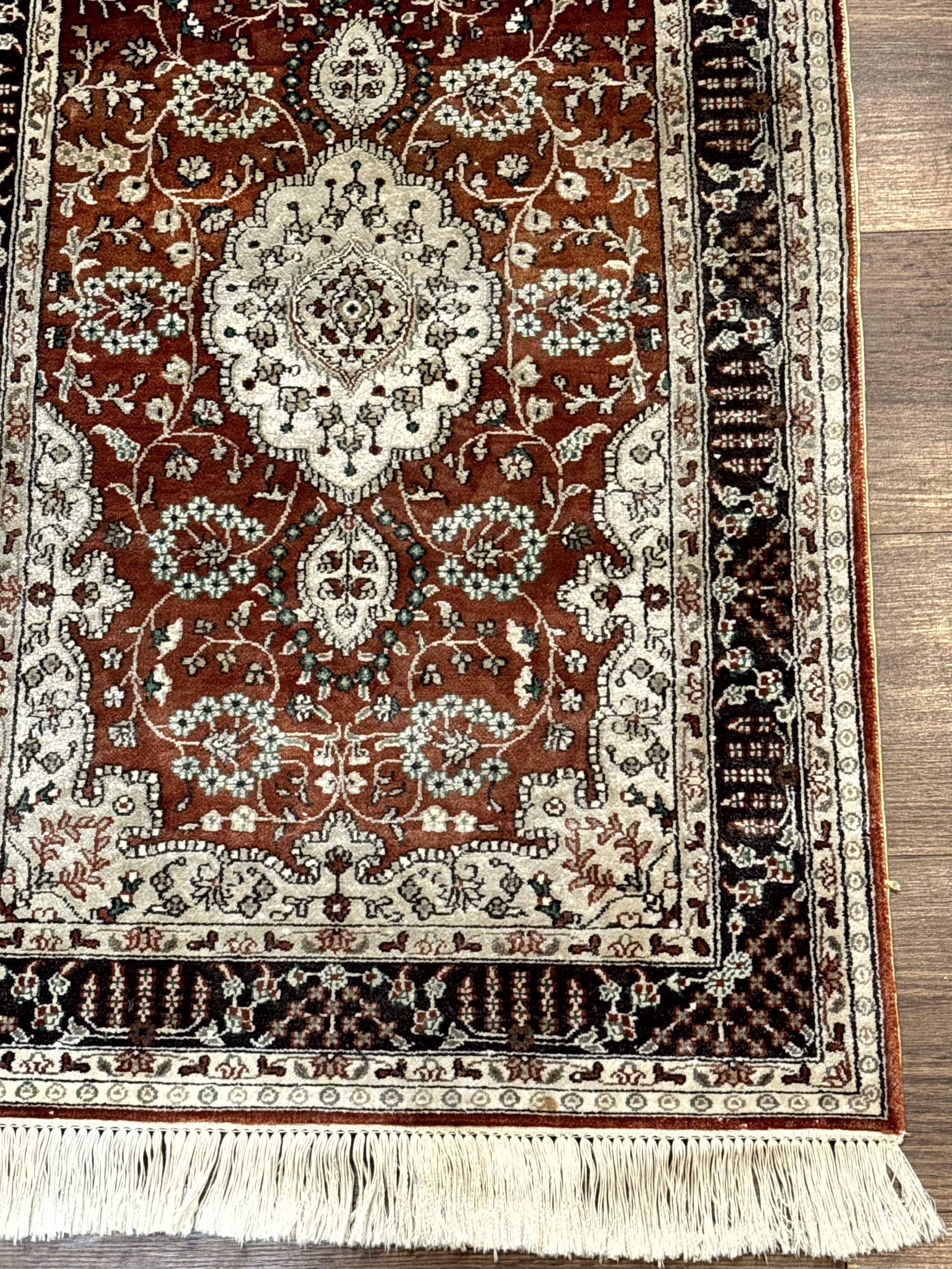 Turkish Silk Narrow Runner Rug 2 x 5.8, Very Fine 340 KPSI, Floral Medallions, Red - Jewel Rugs