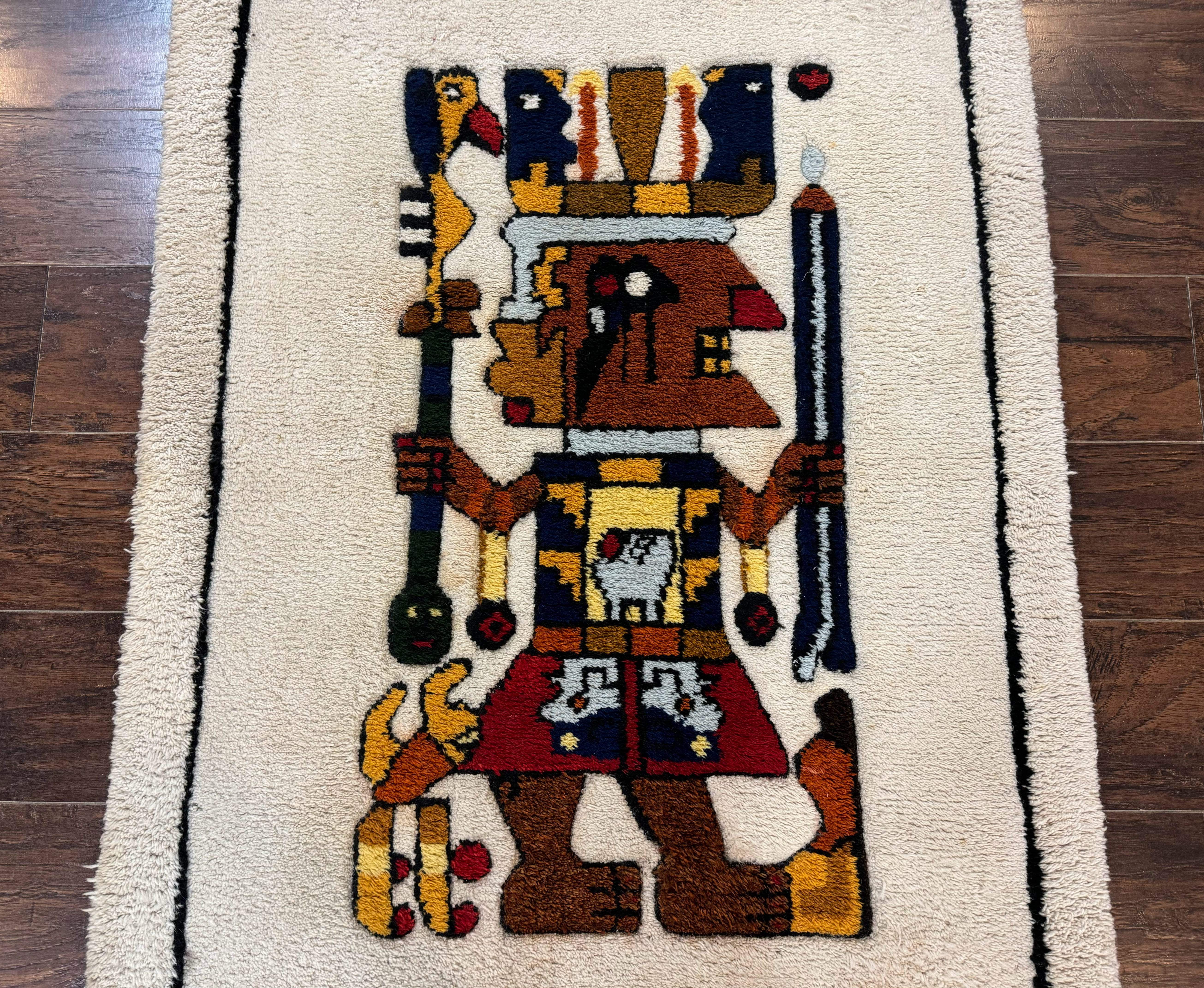 South American Shag Rug 3x5 – Ivory, Pictorial, Vintage Peruvian Native American Wool Rug - Jewel Rugs