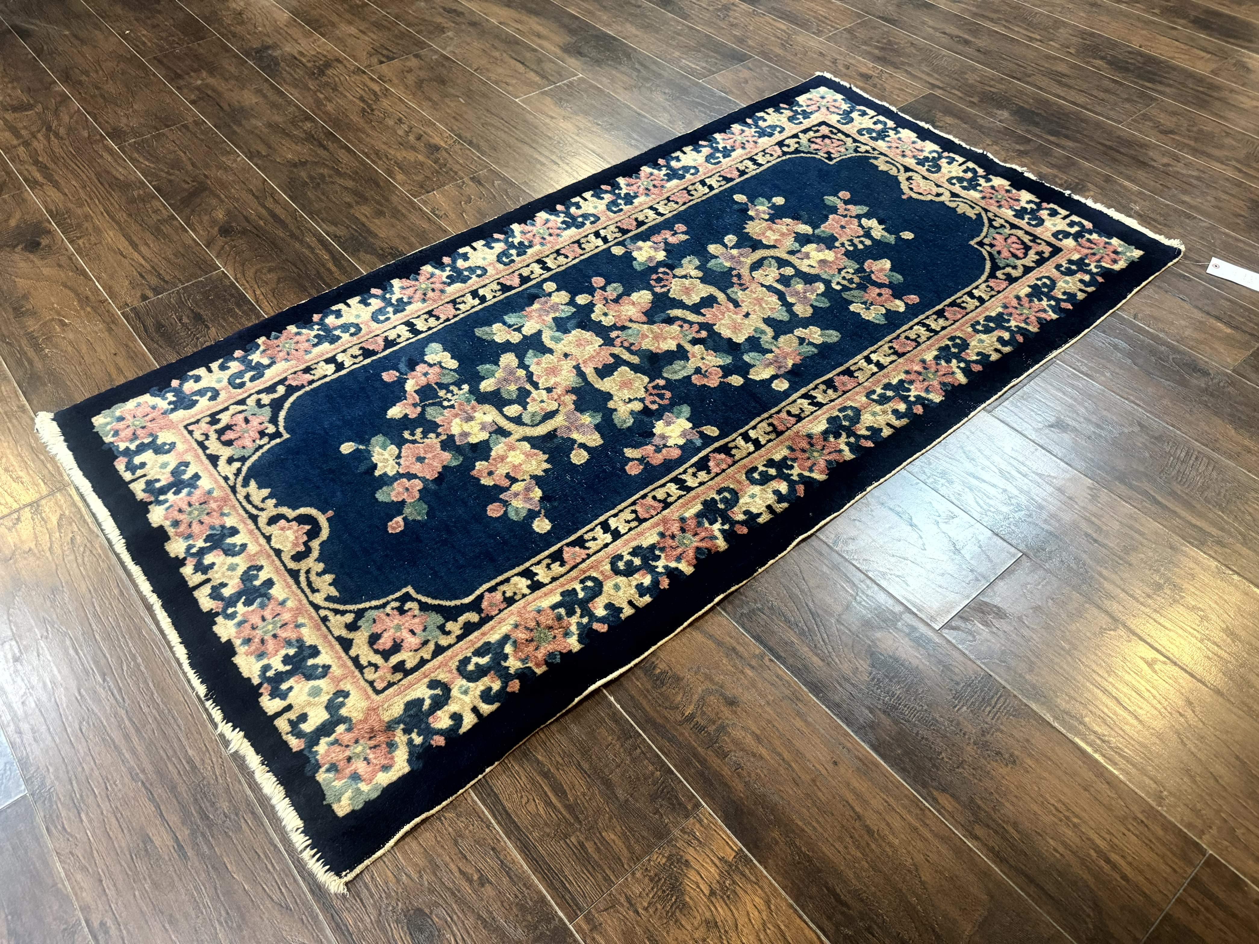 Blue and Beige Chinese Wool Rug 3x6, Chinese Fete Rug, Peking Rug, Antique Chinese Carpet - Jewel Rugs