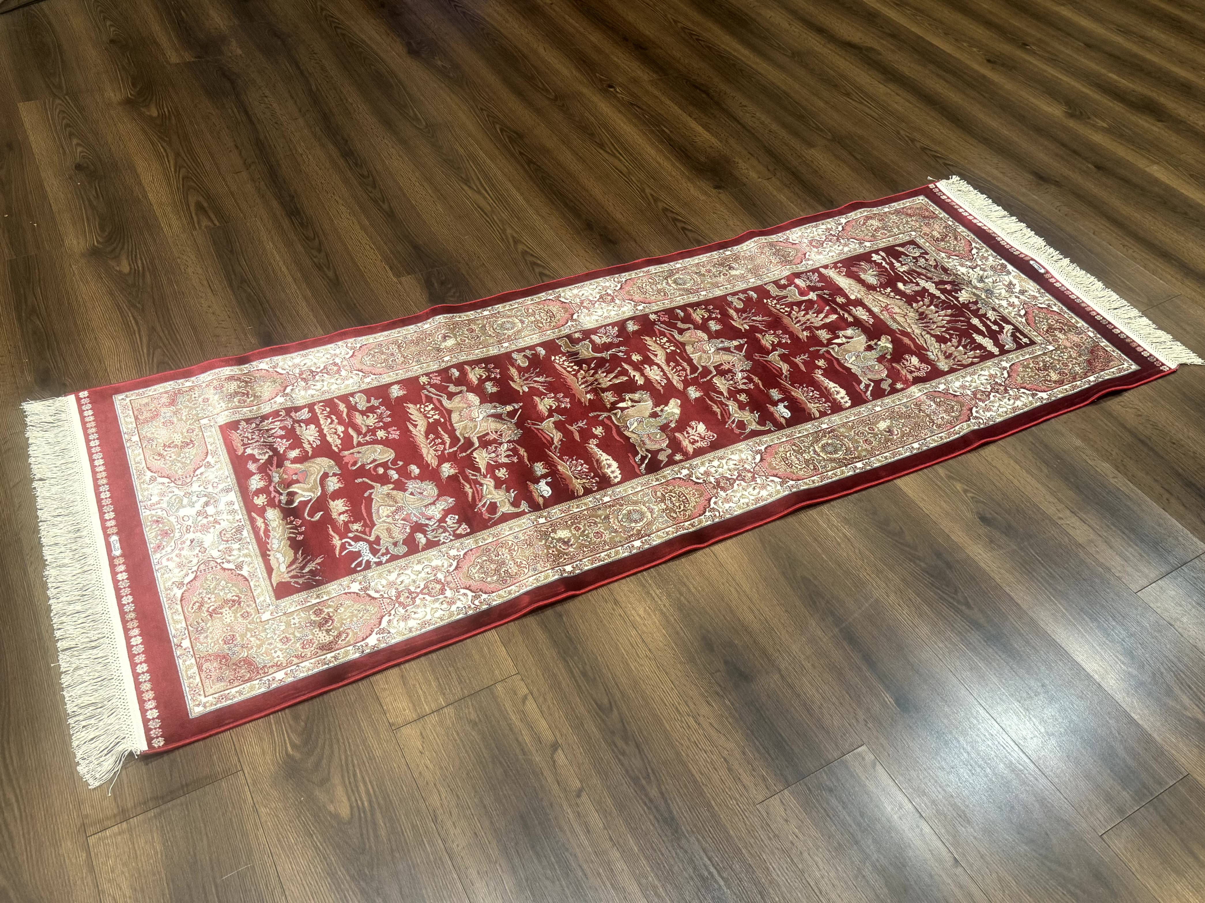 Turkish Silk Rug 2.6 x 6.7, Hunting Design, Short Runner Rug, Red & Ivory, Bamboo Silk, New - Jewel Rugs