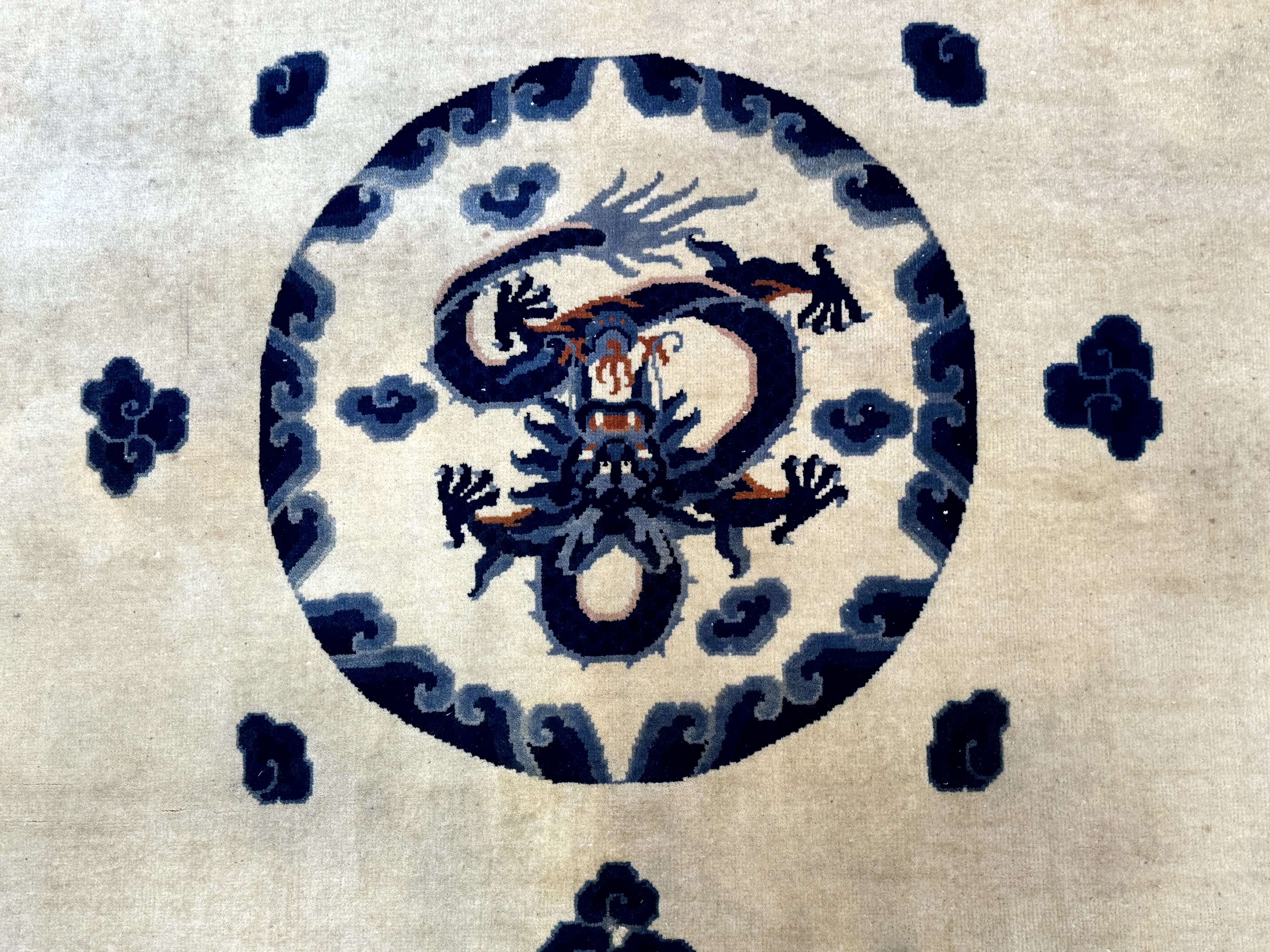 Chinese Dragon Peking Rug 8 x 11.6, Ivory and Blue, Chinese Wool Rug, Vintage - Jewel Rugs