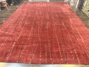 Oversized Nepali Rug 11x17, Wool & Silk Hand Knotted Modern Carpet, Red Extra Large Handmade Tibetan Carpet