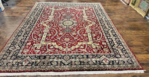 Indo Persian Rug 8x10, Red Vintage Wool Traditional Carpet, Floral, Handmade